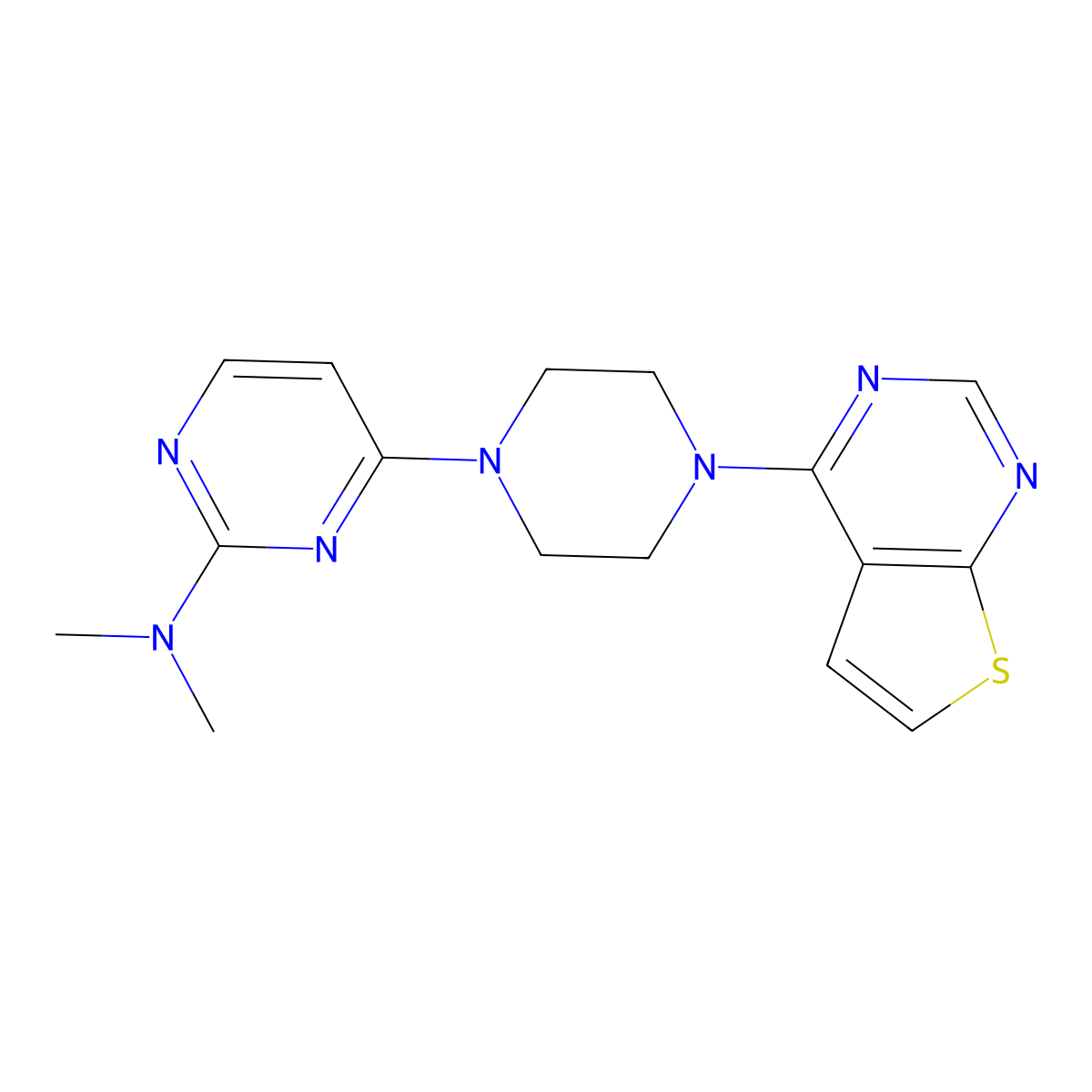 N,N-dimethyl-4-(4-{thieno[2,3-d]pyrimidin-4-yl}piperazin-1-yl)pyrimidin-2-amine molecular structure, CAS 2742079-77-0