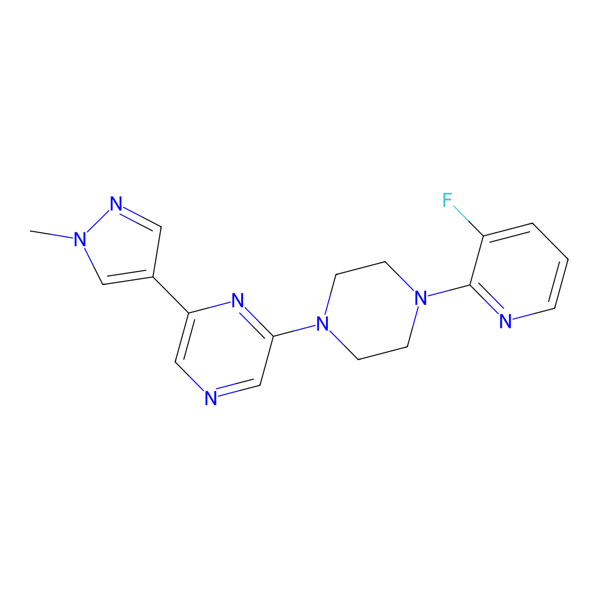 2-[4-(3-fluoropyridin-2-yl)piperazin-1-yl]-6-(1-methyl-1H-pyrazol-4-yl)pyrazine molecular structure, CAS 2742079-81-6