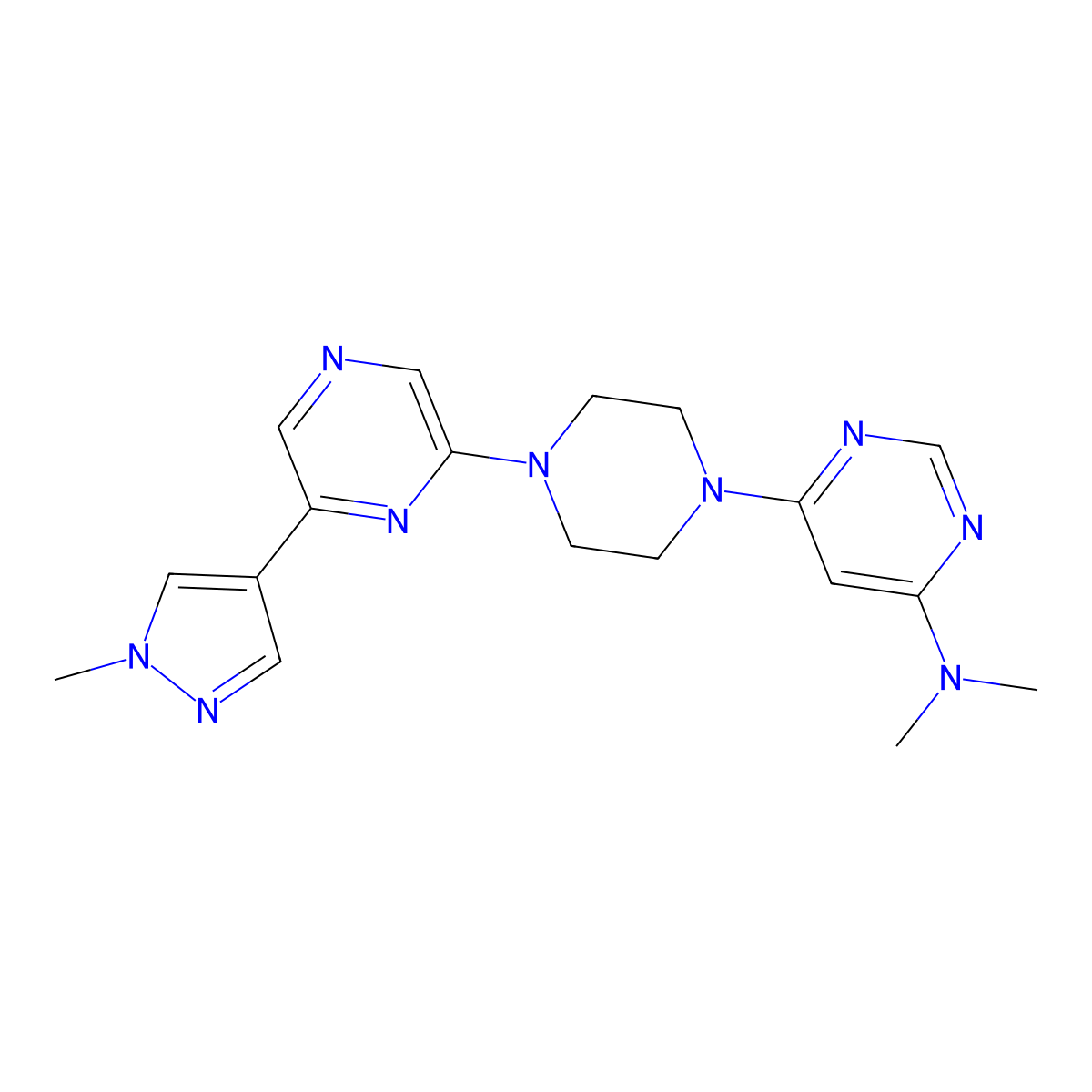 N,N-dimethyl-6-{4-[6-(1-methyl-1H-pyrazol-4-yl)pyrazin-2-yl]piperazin-1-yl}pyrimidin-4-amine molecular structure, CAS 2742079-89-4