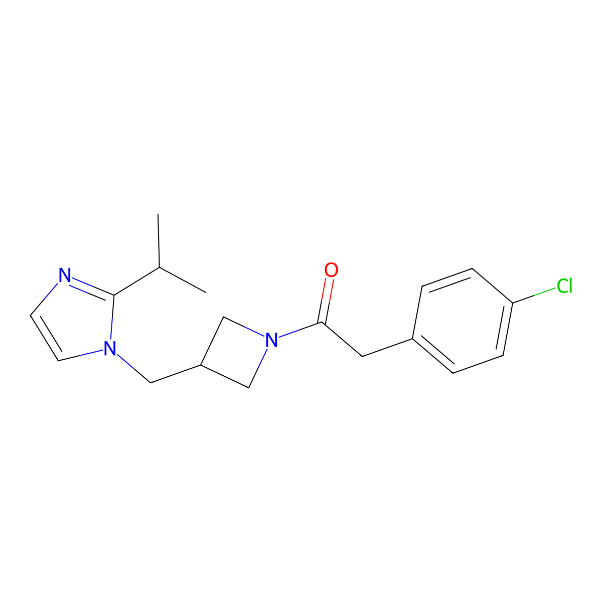 2-(4-chlorophenyl)-1-(3-{[2-(propan-2-yl)-1H-imidazol-1-yl]methyl}azetidin-1-yl)ethan-1-one molecular structure, CAS 2742079-91-8