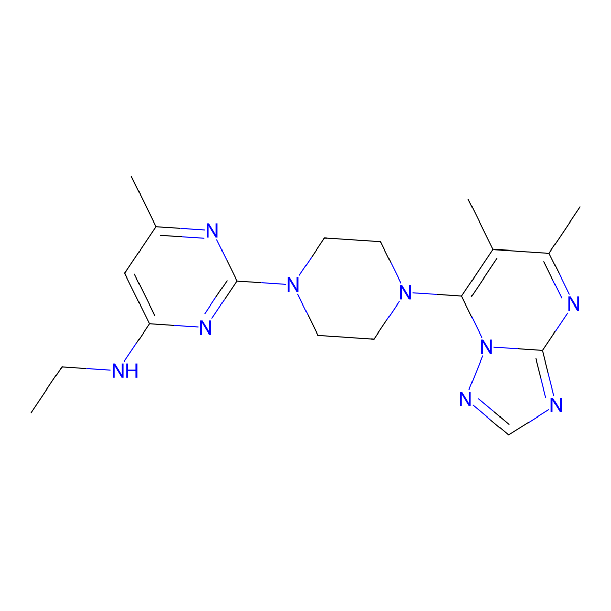 2-(4-{5,6-dimethyl-[1,2,4]triazolo[1,5-a]pyrimidin-7-yl}piperazin-1-yl)-N-ethyl-6-methylpyrimidin-4-amine molecular structure, CAS 2742079-95-2