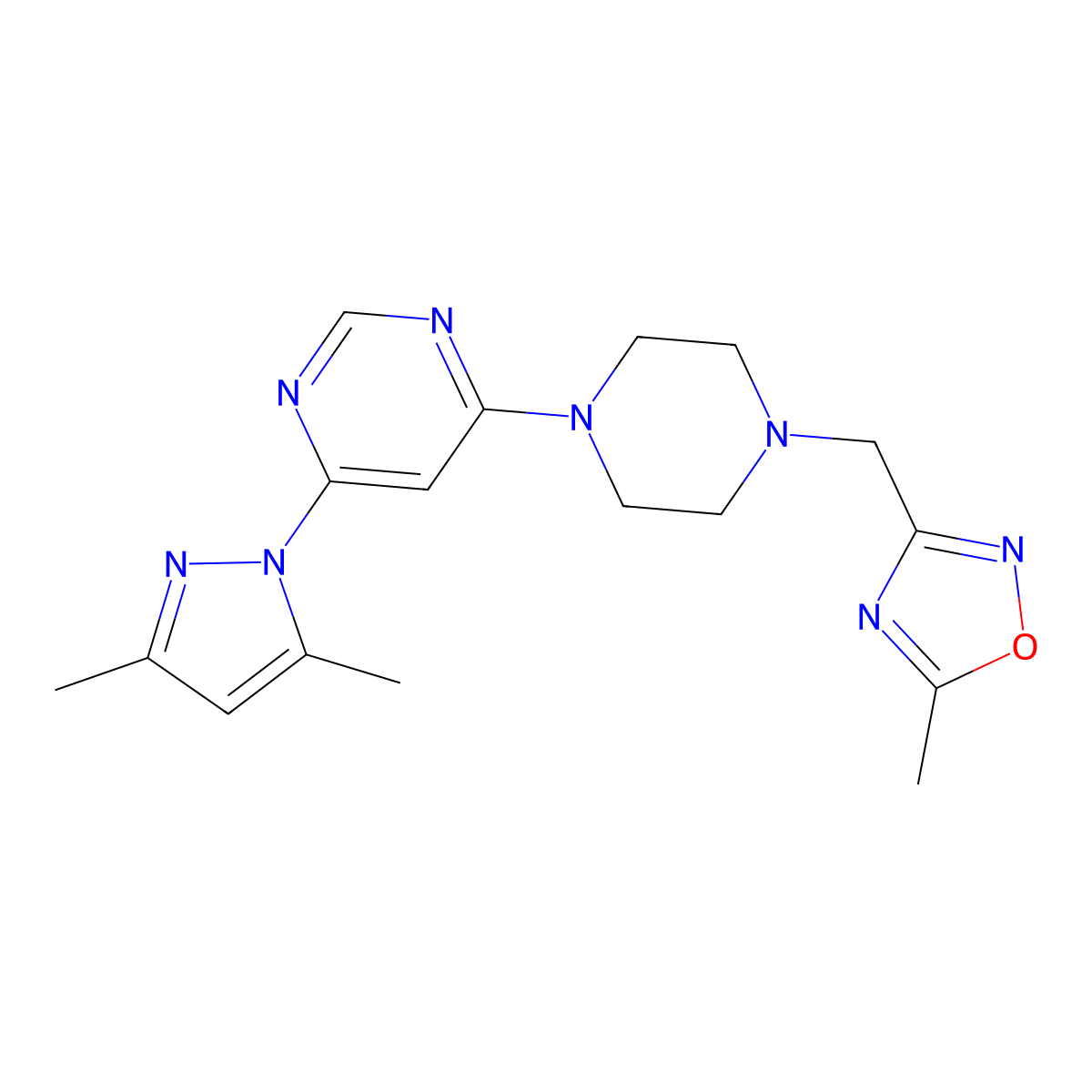 4-(3,5-dimethyl-1H-pyrazol-1-yl)-6-{4-[(5-methyl-1,2,4-oxadiazol-3-yl)methyl]piperazin-1-yl}pyrimidine molecular structure, CAS 2742079-97-4
