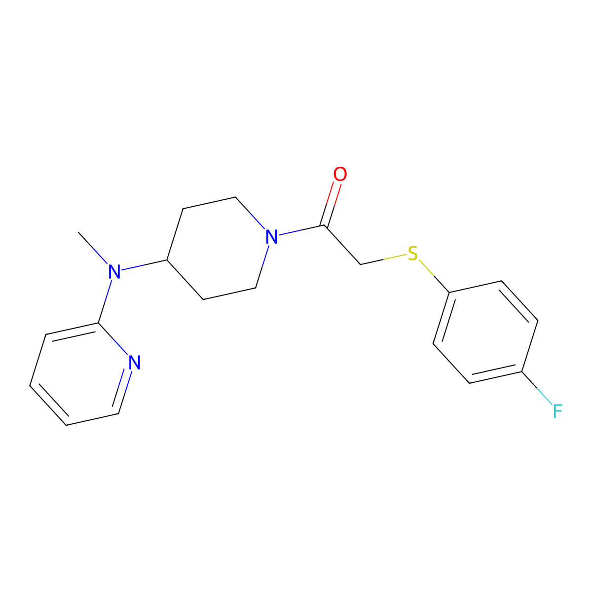 2-[(4-Fluorophenyl)sulfanyl]-1-{4-[methyl(pyridin-2-yl)amino]piperidin-1-yl}ethan-1-one molecular structure, CAS 2742080-04-0