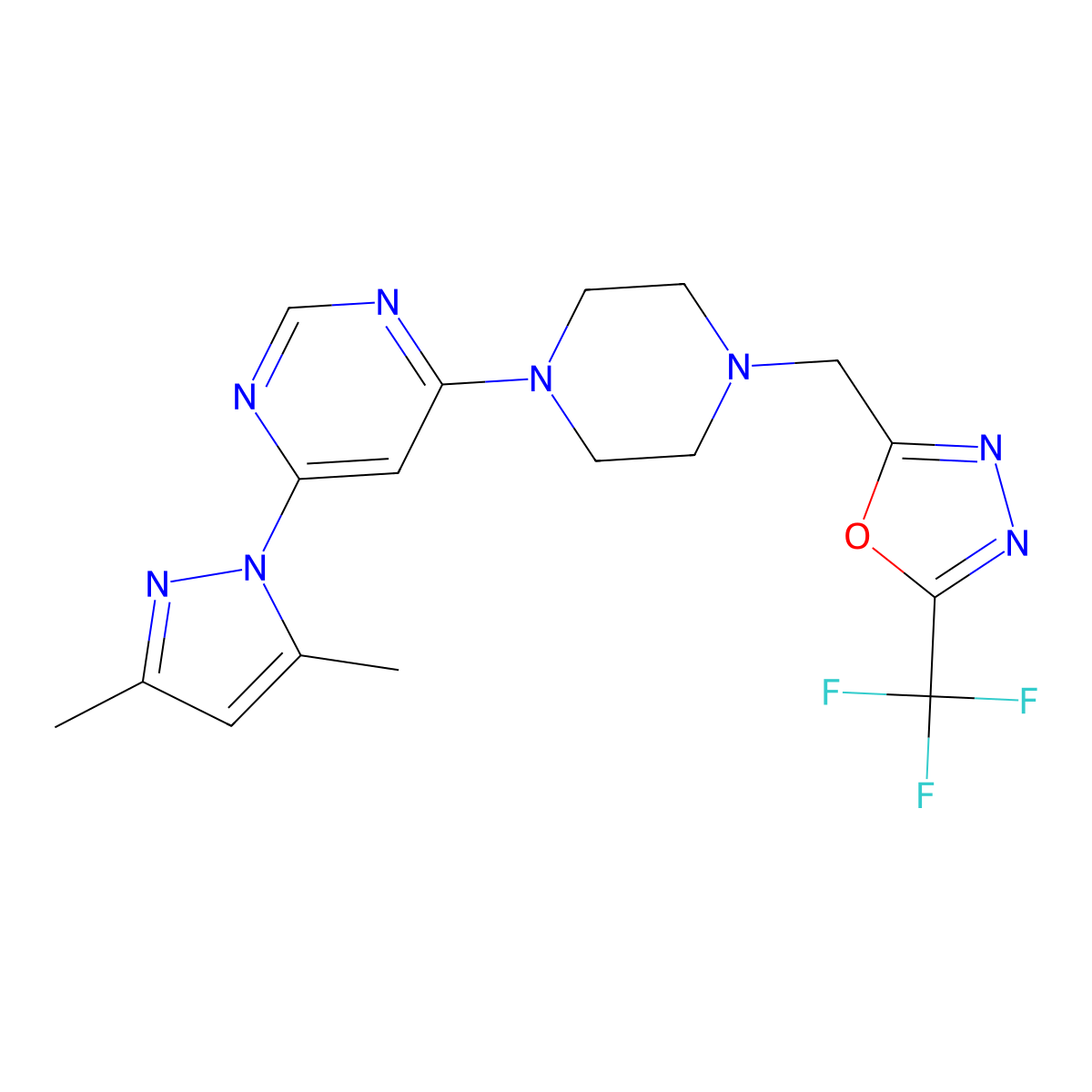 4-(3,5-dimethyl-1H-pyrazol-1-yl)-6-(4-{[5-(trifluoromethyl)-1,3,4-oxadiazol-2-yl]methyl}piperazin-1-yl)pyrimidine molecular structure, CAS 2742080-07-3