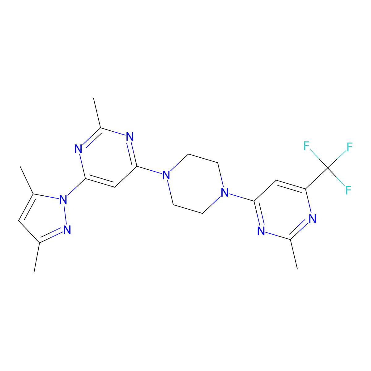 4-(3,5-dimethyl-1H-pyrazol-1-yl)-2-methyl-6-{4-[2-methyl-6-(trifluoromethyl)pyrimidin-4-yl]piperazin-1-yl}pyrimidine molecular structure, CAS 2742080-13-1