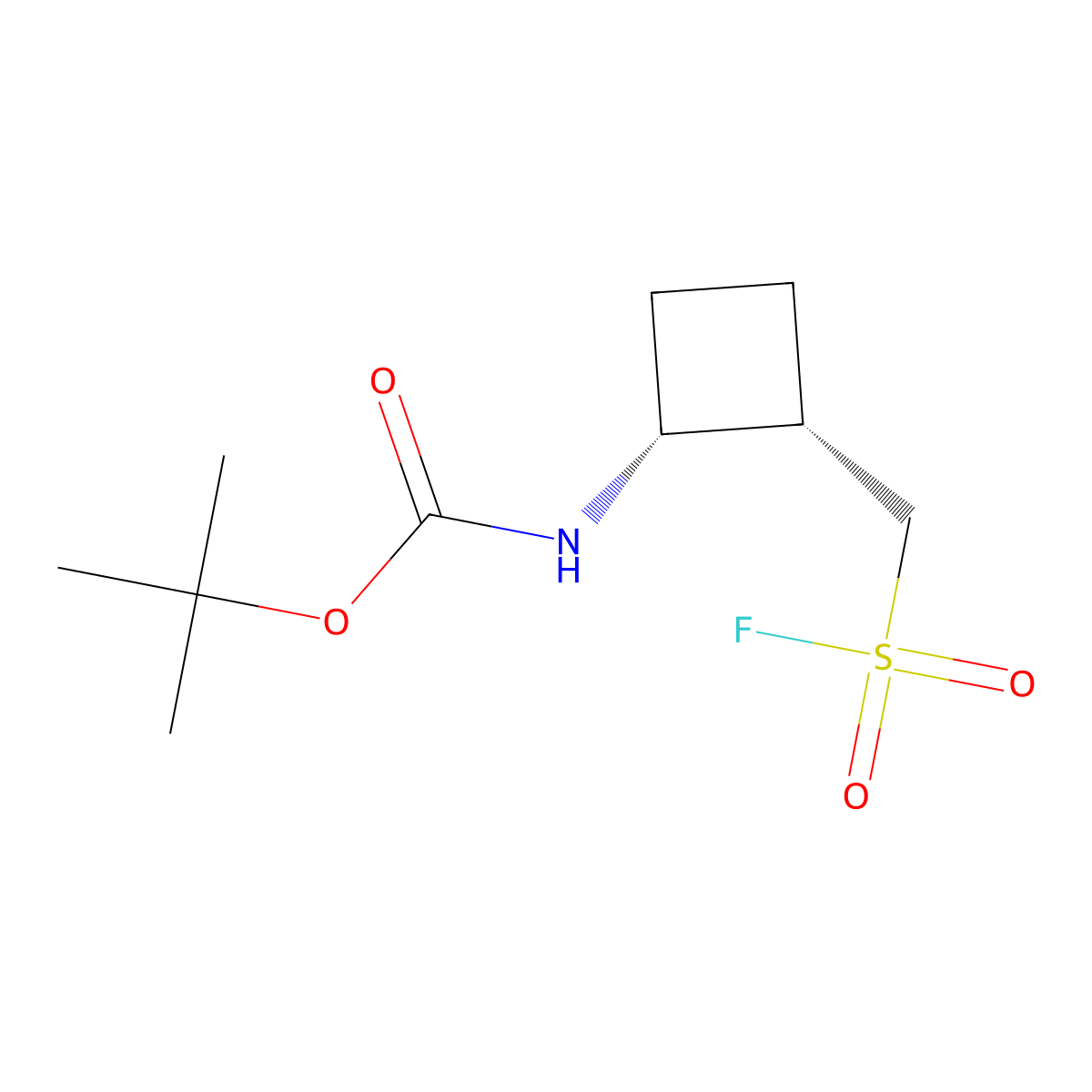 rac-tert-butylN-[(1R,2S)-2-[(fluorosulfonyl)methyl]cyclobutyl]carbamate,cis molecular structure, CAS 2742407-76-5