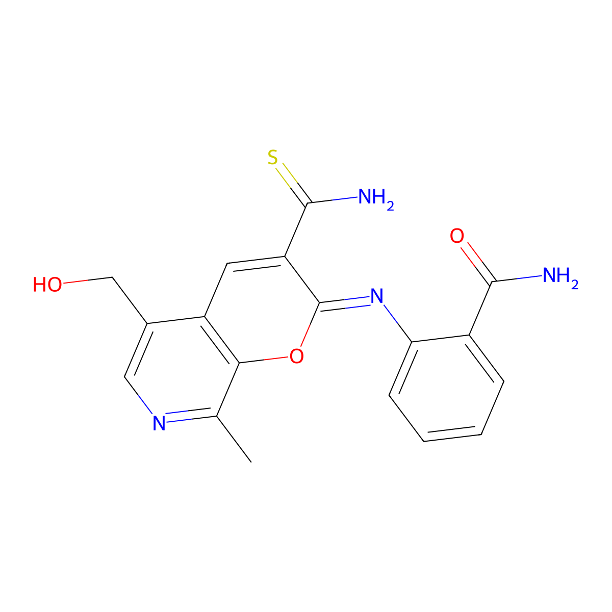 2-{[(2Z)-3-carbamothioyl-5-(hydroxymethyl)-8-methyl-2H-pyrano[2,3-c]pyridin-2-ylidene]amino}benzamide molecular structure, CAS 2742611-04-5