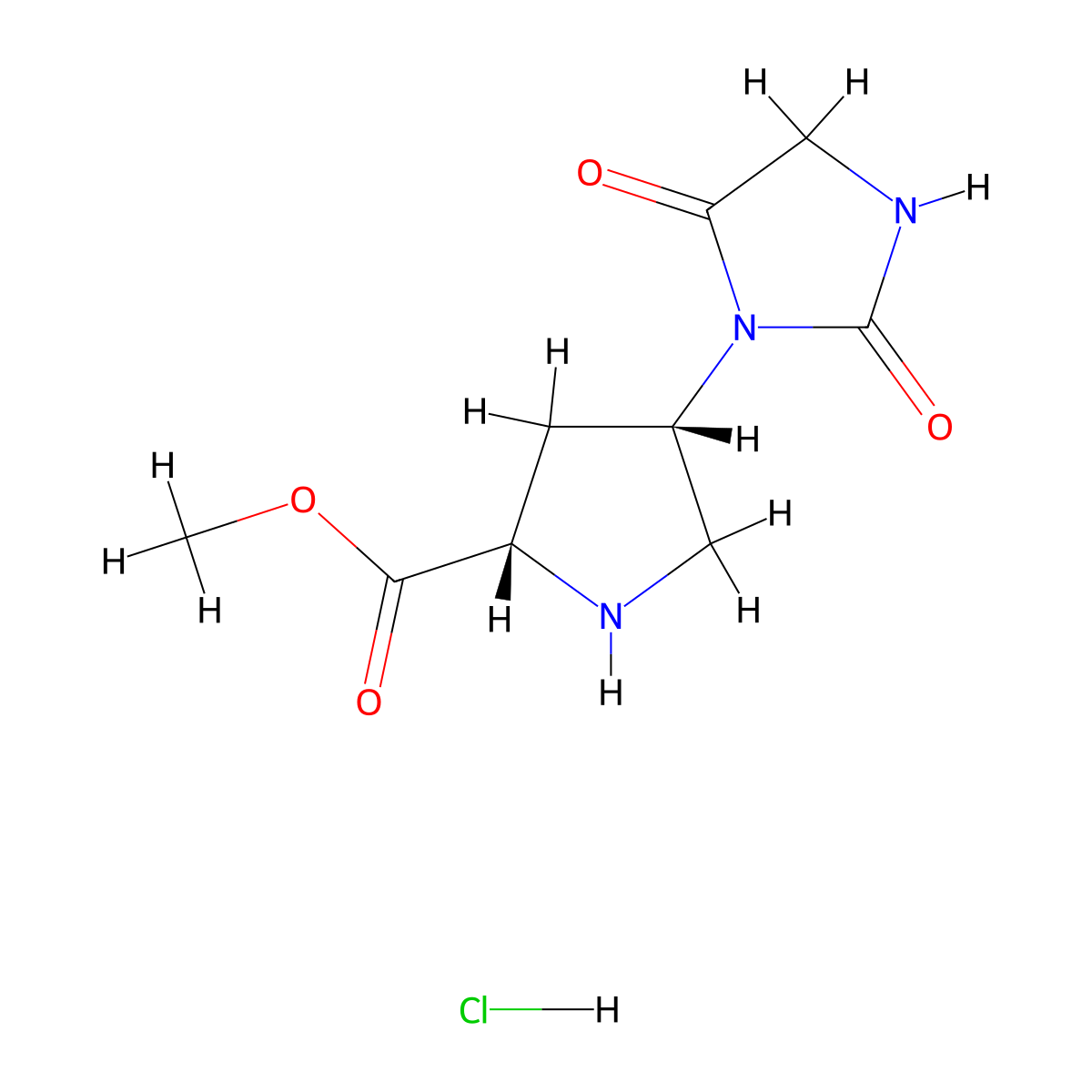 methyl (2S,4S)-4-(2,5-dioxoimidazolidin-1-yl)pyrrolidine-2-carboxylate hydrochloride molecular structure, CAS 2742623-17-0