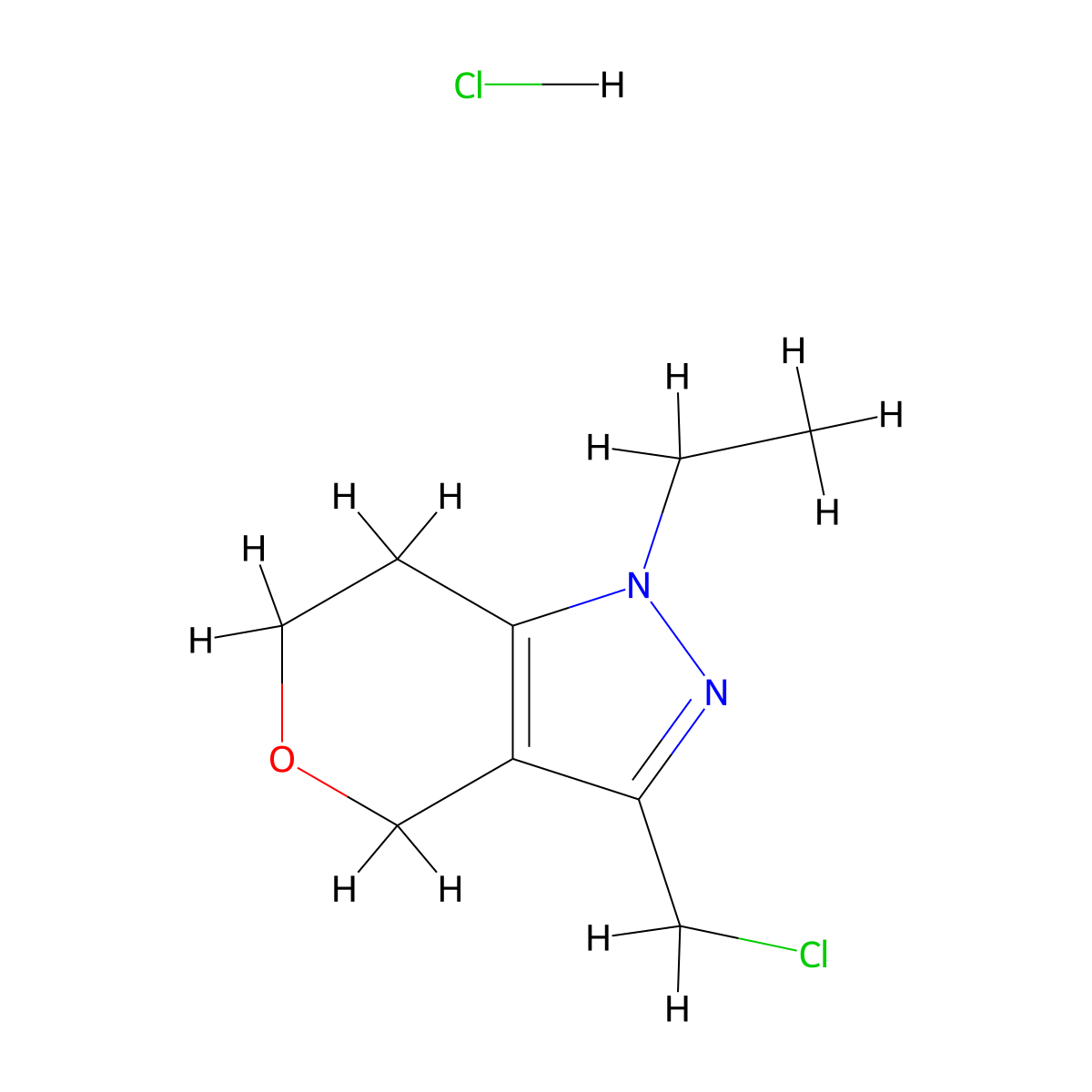 3-(chloromethyl)-1-ethyl-1H,4H,6H,7H-pyrano[4,3-c]pyrazole hydrochloride molecular structure, CAS 2742656-70-6