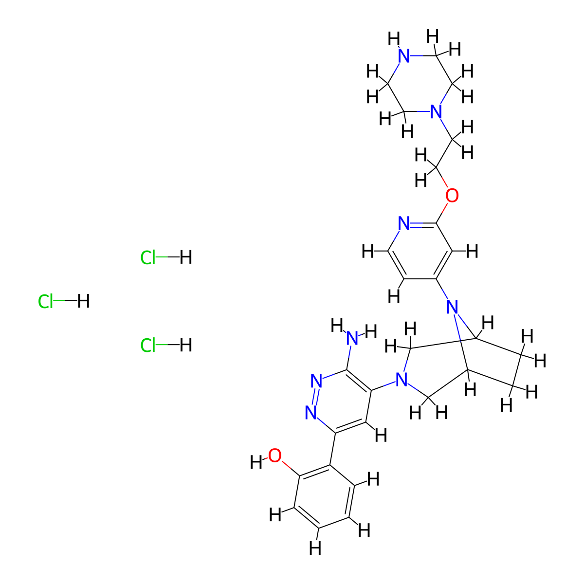 2-[6-Amino-5-(8-{2-[2-(piperazin-1-yl)ethoxy]pyridin-4-yl}-3,8-diazabicyclo[3.2.1]octan-3-yl)pyridazin-3-yl]phenoltrihydrochloride molecular structure, CAS 2742657-13-0