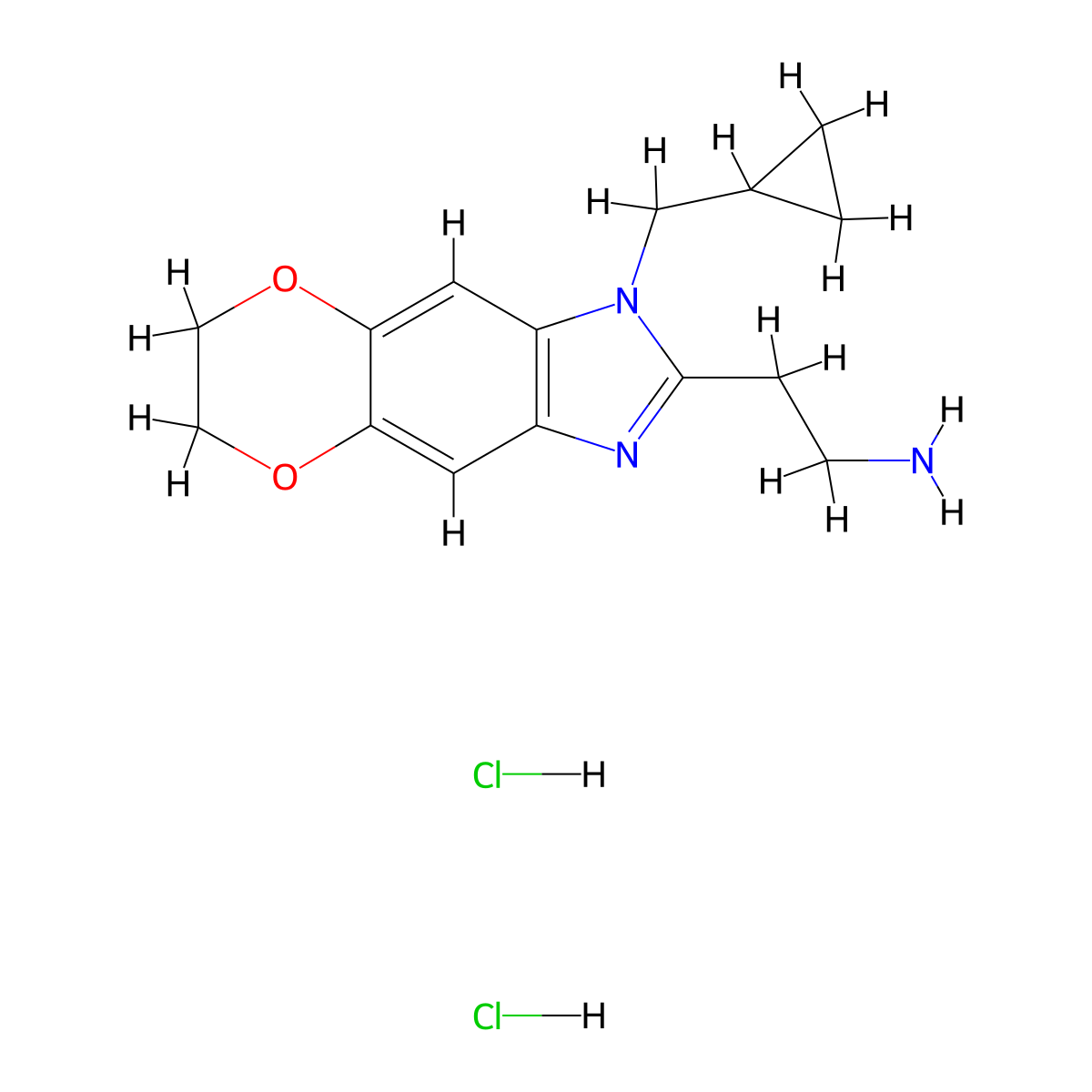 2-[6-(Cyclopropylmethyl)-10,13-dioxa-4,6-diazatricyclo[7.4.0.0,3,7]trideca-1(9),2,4,7-tetraen-5-yl]ethan-1-amine dihydrochloride molecular structure, CAS 2742657-48-1
