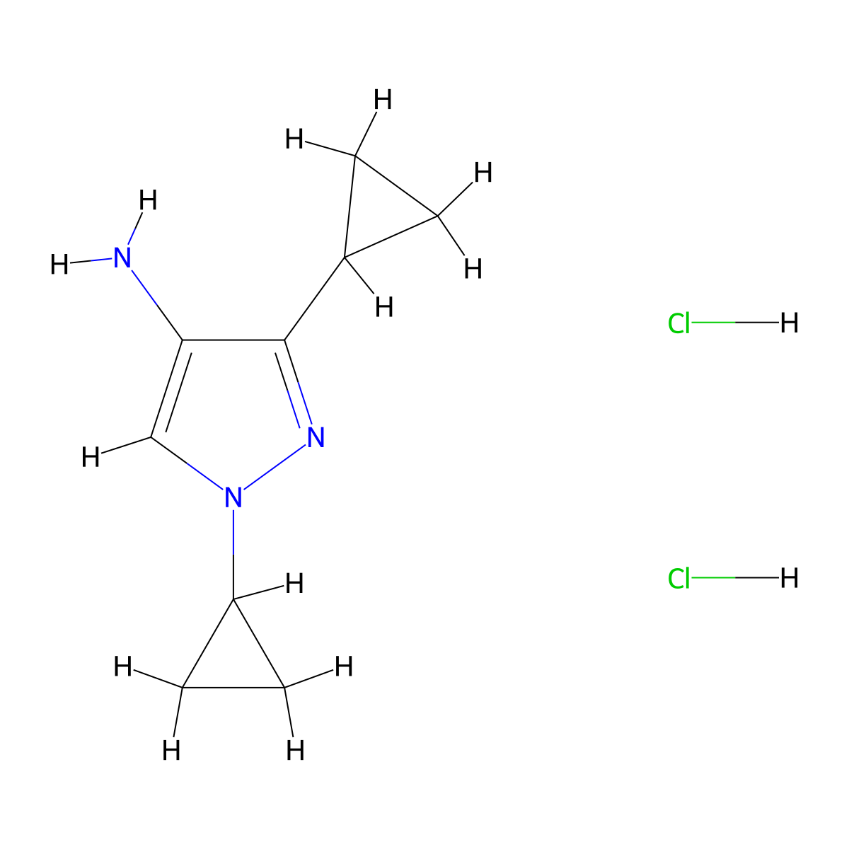 1,3-dicyclopropyl-1H-pyrazol-4-amine dihydrochloride molecular structure, CAS 2742657-68-5