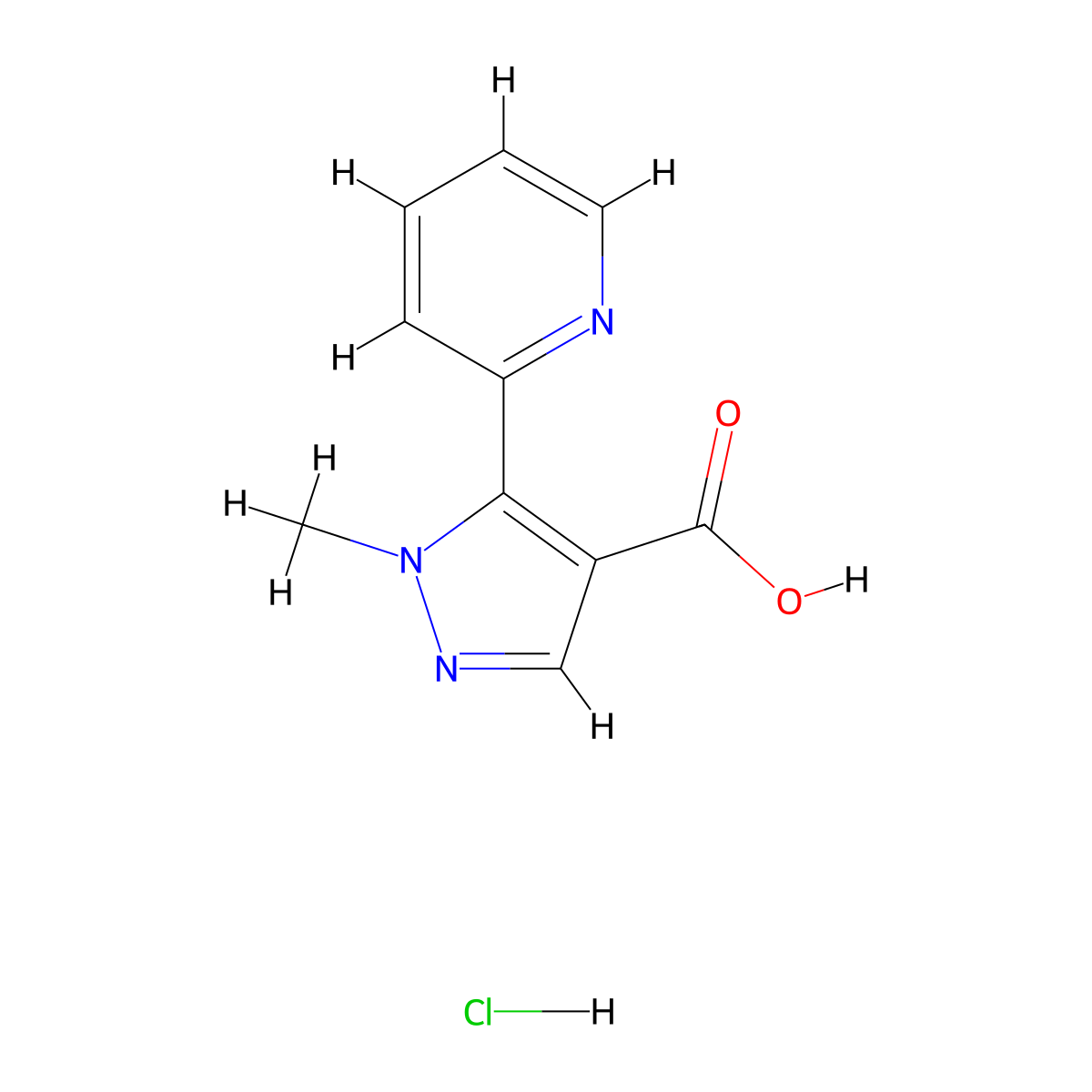 1-methyl-5-(pyridin-2-yl)-1H-pyrazole-4-carboxylicacidhydrochloride molecular structure, CAS 2742659-49-8