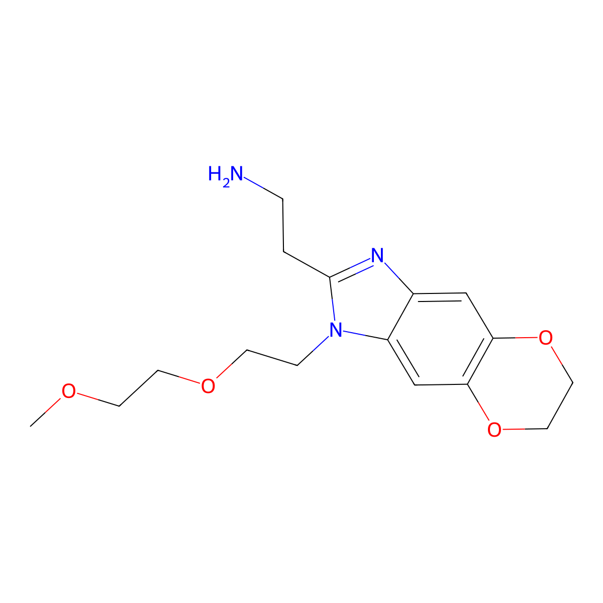 2-{6-[2-(2-Methoxyethoxy)ethyl]-10,13-dioxa-4,6-diazatricyclo[7.4.0.0,3,7]trideca-1(9),2,4,7-tetraen-5-yl}ethan-1-amine molecular structure, CAS 2742660-24-6
