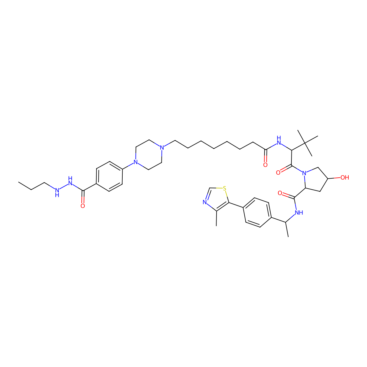 (2S,4R)-1-[(2S)-3,3-dimethyl-2-[8-[4-[4-(propylaminocarbamoyl)phenyl]piperazin-1-yl]octanoylamino]butanoyl]-4-hydroxy-N-[(1S)-1-[4-(4-methyl-1,3-thiazol-5-yl)phenyl]ethyl]pyrrolidine-2-carboxamide molecular structure, CAS 2742732-92-7