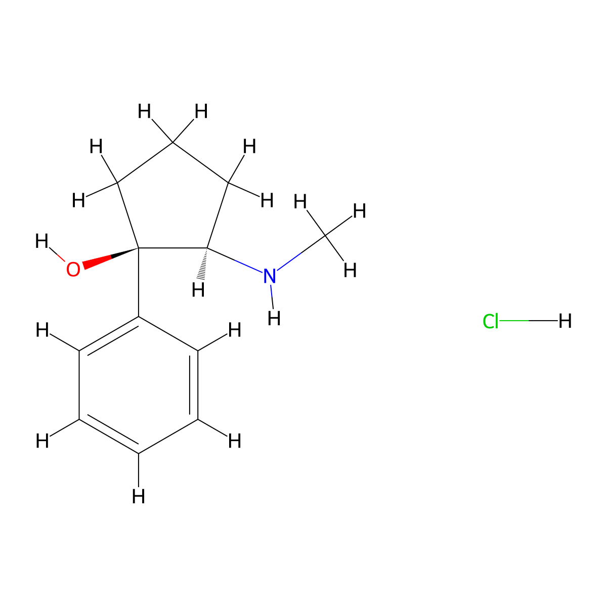 rac-(1R,2R)-2-(methylamino)-1-phenylcyclopentan-1-ol hydrochloride, trans molecular structure, CAS 2742890-94-2
