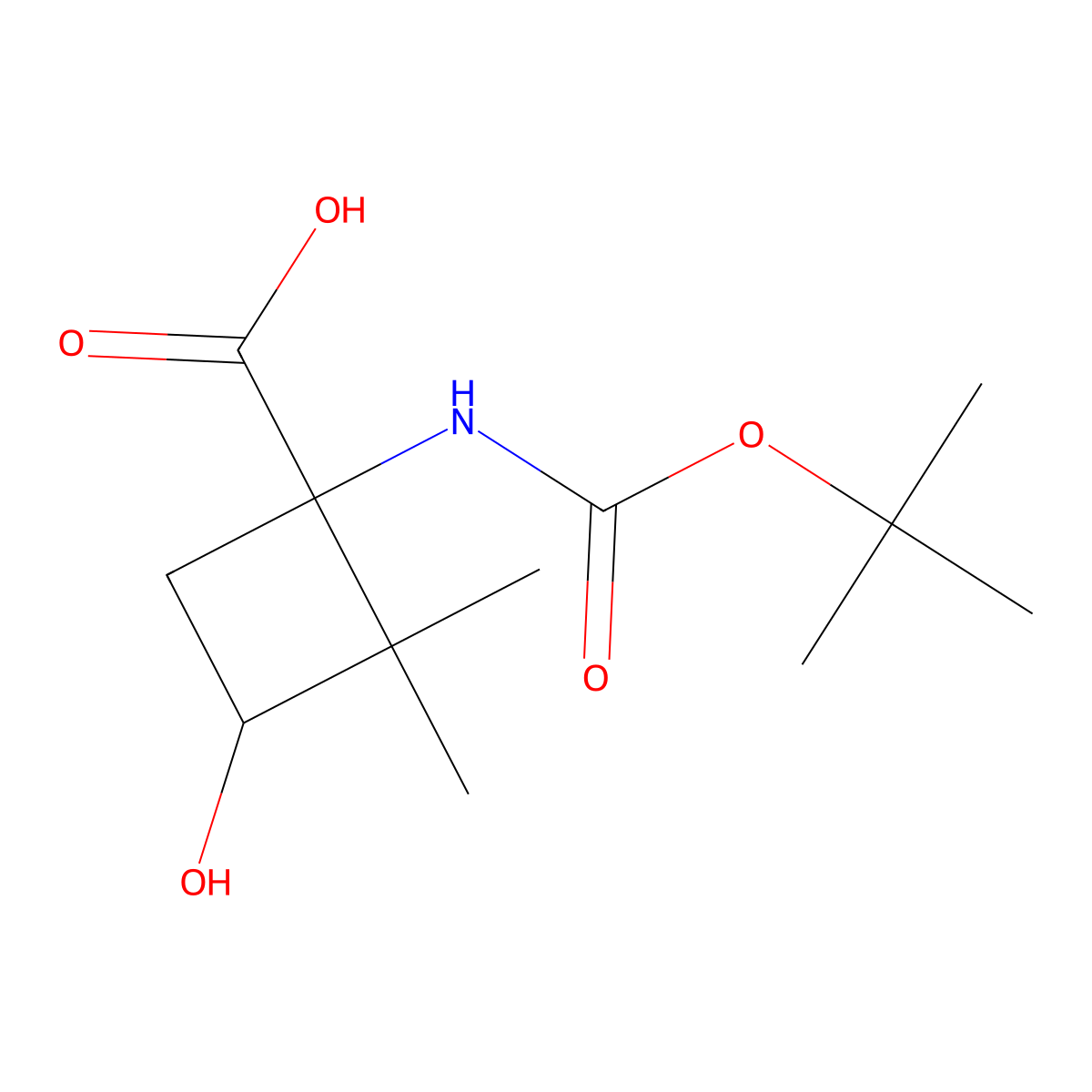 rac-(1R,3S)-1-(((tert-butoxy)carbonyl)amino)-3-hydroxy-2,2-dimethylcyclobutane-1-carboxylic acid molecular structure, CAS 2742901-44-4
