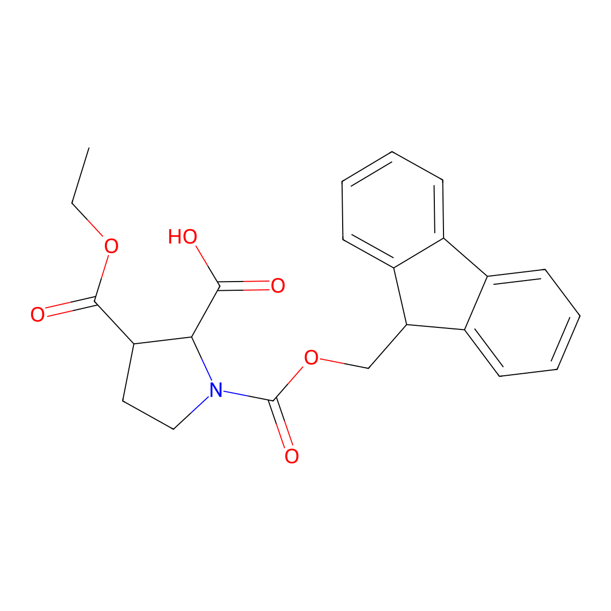 rac-(2R,3S)-3-(ethoxycarbonyl)-1-(((9H-fluoren-9-yl)methoxy)carbonyl)pyrrolidine-2-carboxylic acid molecular structure, CAS 2742931-84-4
