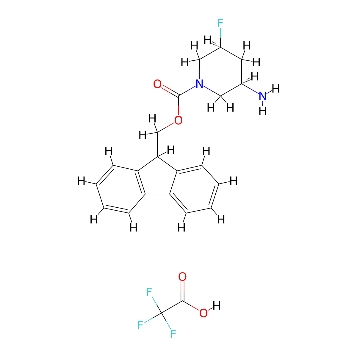 rac-(9H-fluoren-9-yl)methyl (3R,5S)-3-amino-5-fluoropiperidine-1-carboxylate; trifluoroacetic acid molecular structure, CAS 2742955-25-3