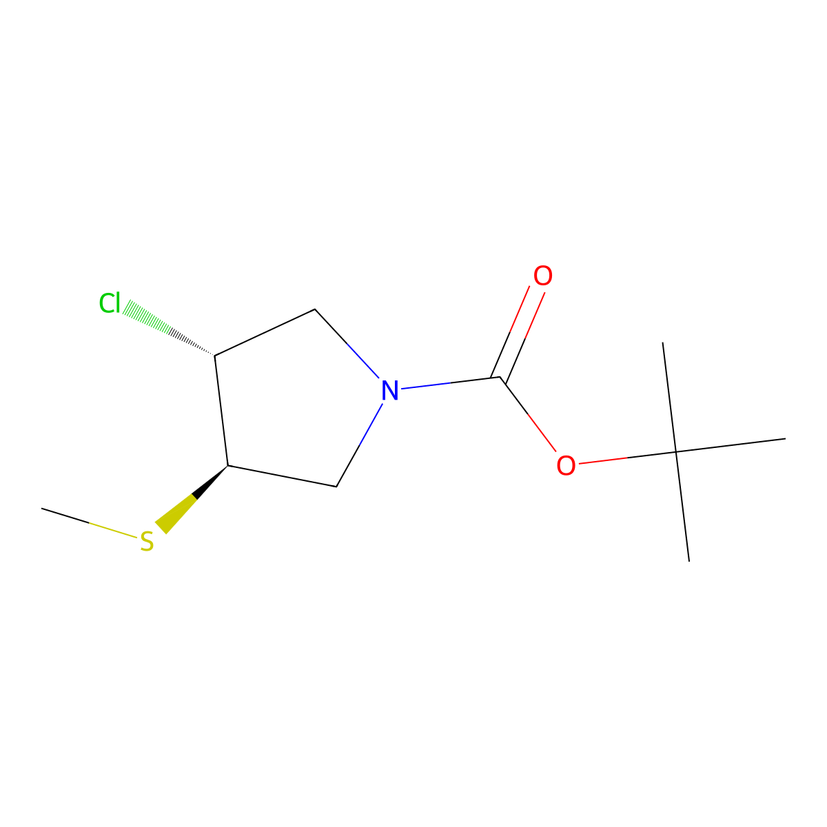 rac-tert-butyl (3R,4R)-3-chloro-4-(methylsulfanyl)pyrrolidine-1-carboxylate molecular structure, CAS 2743228-37-5