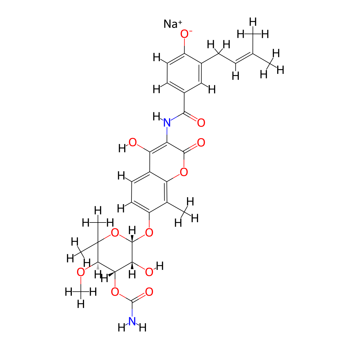 sodium 4-[(7-{[(2S,3R,4S,5R)-4-(carbamoyloxy)-3-hydroxy-5-methoxy-6,6-dimethyloxan-2-yl]oxy}-4-hydroxy-8-methyl-2-oxo-2H-chromen-3-yl)carbamoyl]-2-(3-methylbut-2-en-1-yl)benzen-1-olate molecular structure, CAS 2743427-08-7