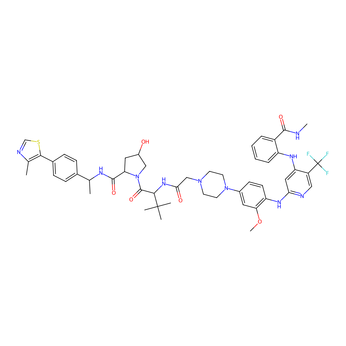 (2S,4R)-4-hydroxy-1-((S)-2-(2-(4-(3-methoxy-4-((4-((2-(methylcarbamoyl)phenyl)amino)-5-(trifluoromethyl)pyridin-2-yl)amino)phenyl)piperazin-1-yl)acetamido)-3,3-dimethylbutanoyl)-N-((S)-1-(4-(4-methylthiazol-5-yl)phenyl)ethyl)pyrrolidine-2-carboxamide molecular structure, CAS 2743427-26-9