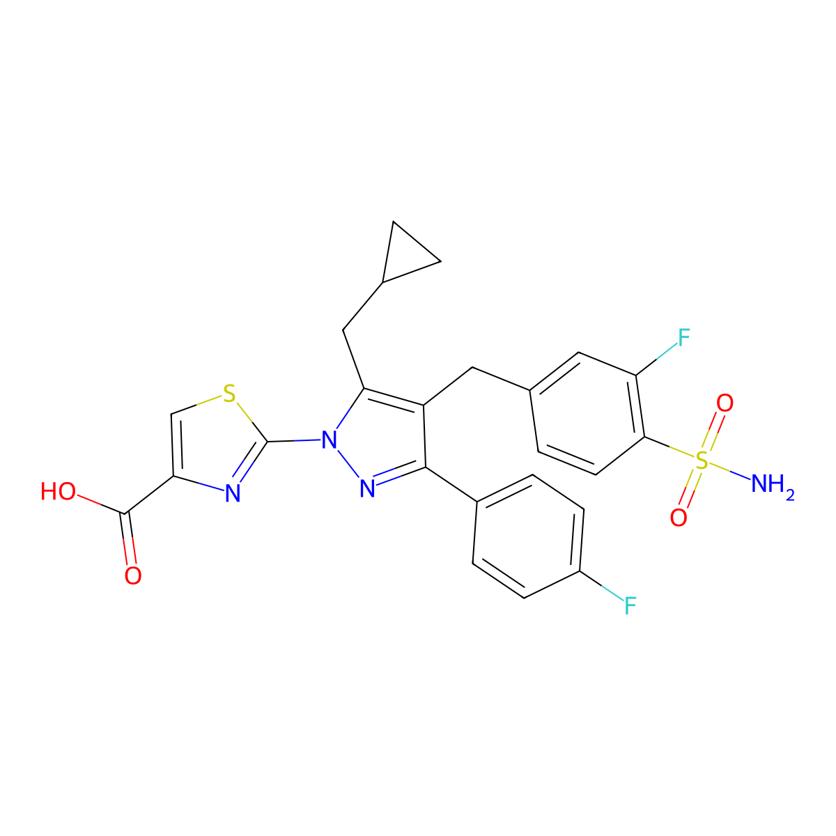 2-[5-(Cyclopropylmethyl)-3-(4-fluorophenyl)-4-[(3-fluoro-4-sulfamoylphenyl)methyl]pyrazol-1-yl]-1,3-thiazole-4-carboxylic acid molecular structure, CAS 2743436-86-2