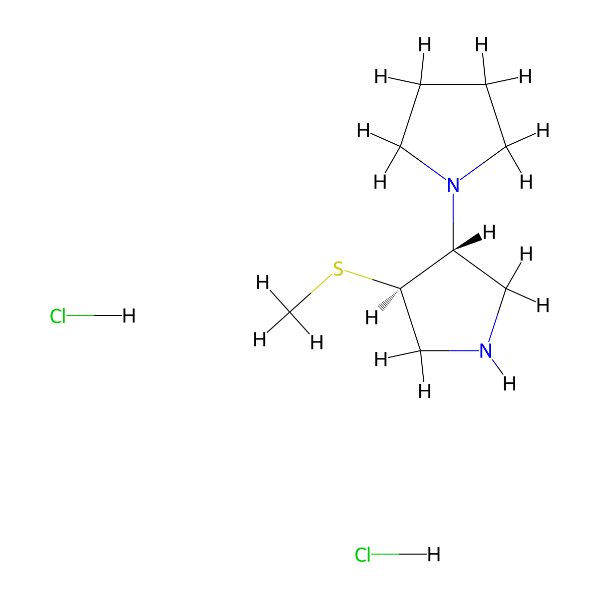 rac-(3R,4R)-3-(methylsulfanyl)-4-(pyrrolidin-1-yl)pyrrolidine dihydrochloride, trans molecular structure, CAS 2743640-91-5