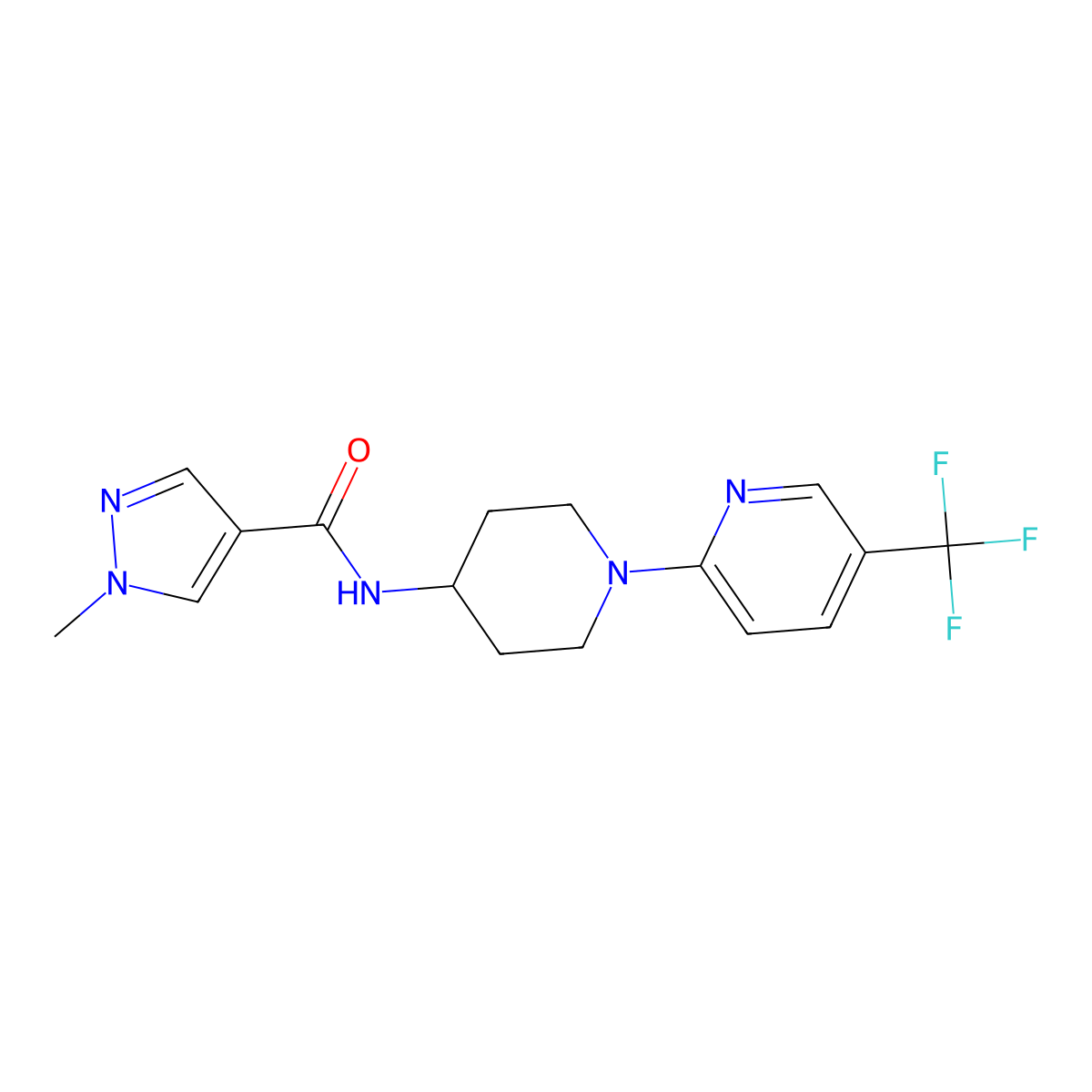 1-methyl-N-{1-[5-(trifluoromethyl)pyridin-2-yl]piperidin-4-yl}-1H-pyrazole-4-carboxamide molecular structure, CAS 2743679-82-3