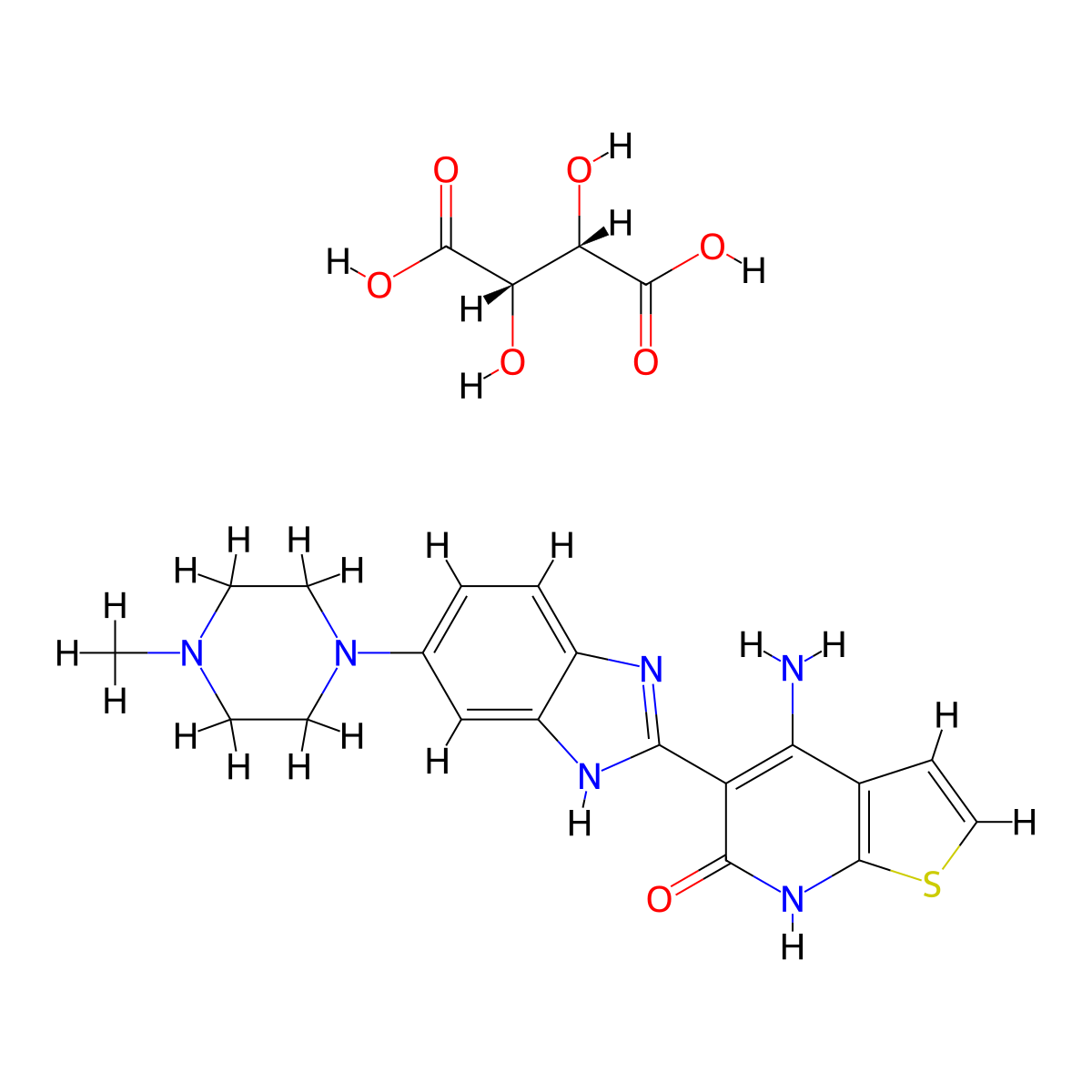4-amino-5-(6-(4-methylpiperazin-1-yl)-1H-benzo[d]imidazol-2-yl)thieno[2,3-b]pyridin-6(7H)-one (2S,3S)-2,3-dihydroxysuccinate molecular structure, CAS 2745113-87-3