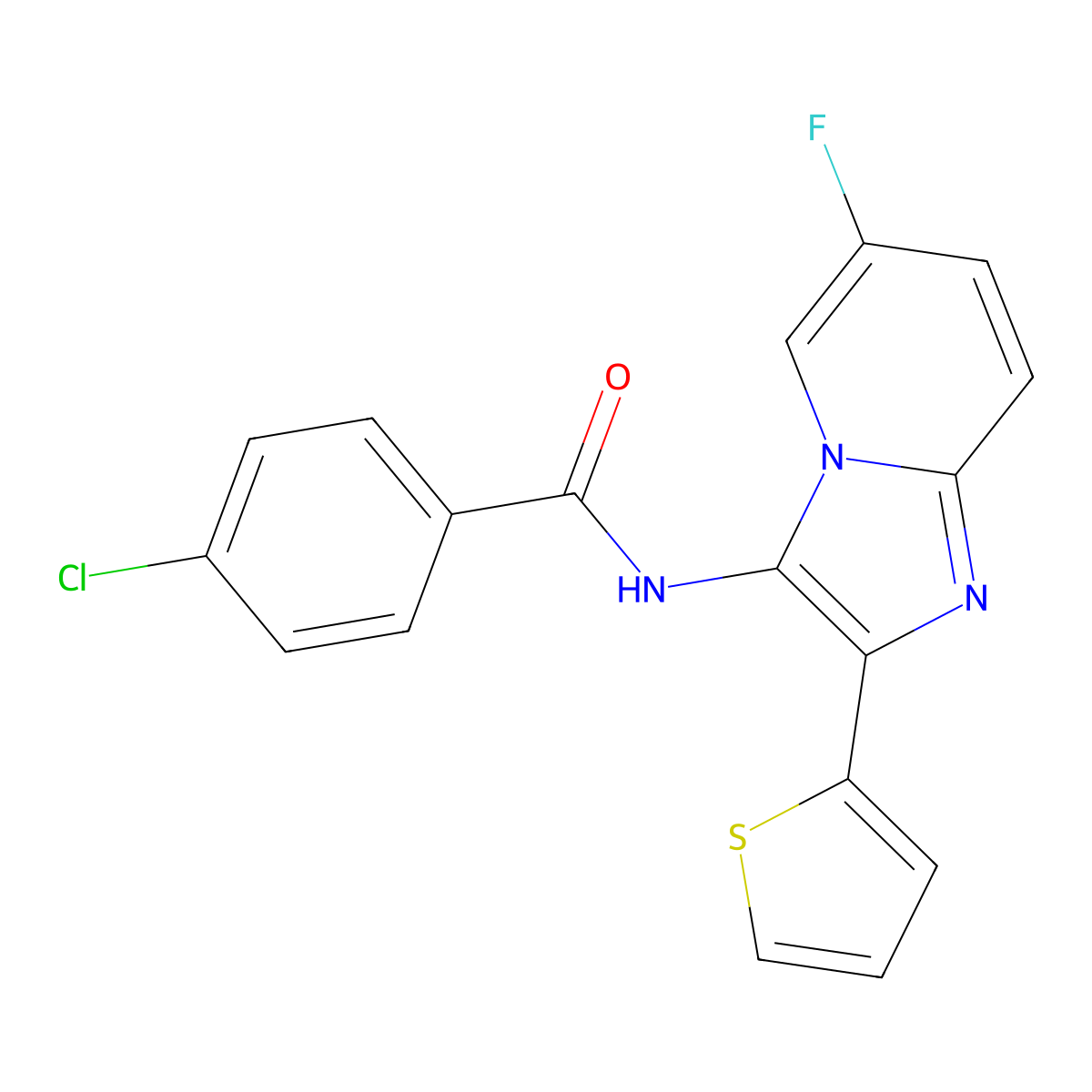4-chloro-N-[6-fluoro-2-(thiophen-2-yl)imidazo[1,2-a]pyridin-3-yl]benzamide molecular structure, CAS 2745204-82-2