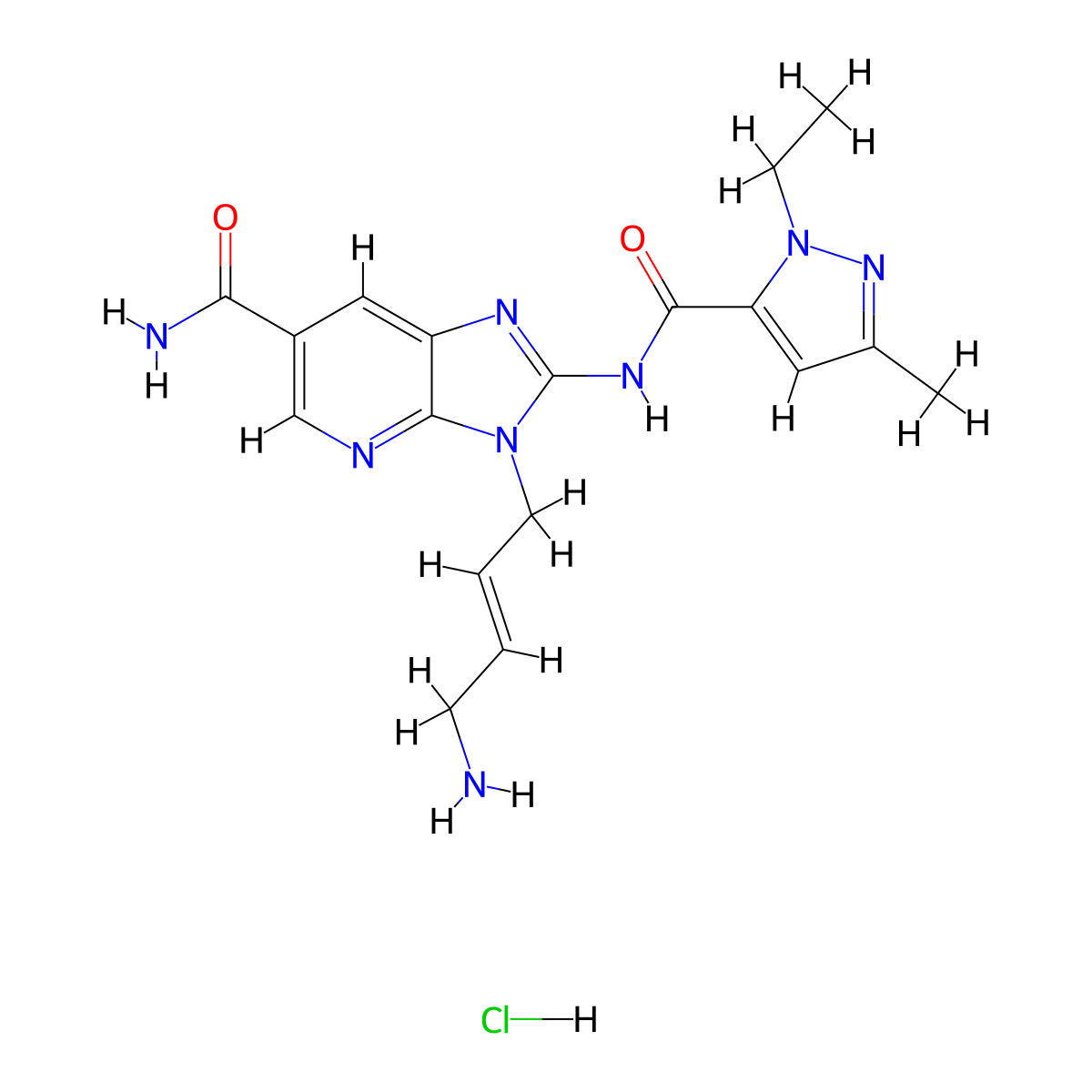 (E)-3-(4-Aminobut-2-EN-1-YL)-2-(1-ethyl-3-methyl-1H-pyrazole-5-carboxamido)-3H-imidazo[4,5-B]pyridine-6-carboxamide hydrochloride molecular structure, CAS 2745724-17-6