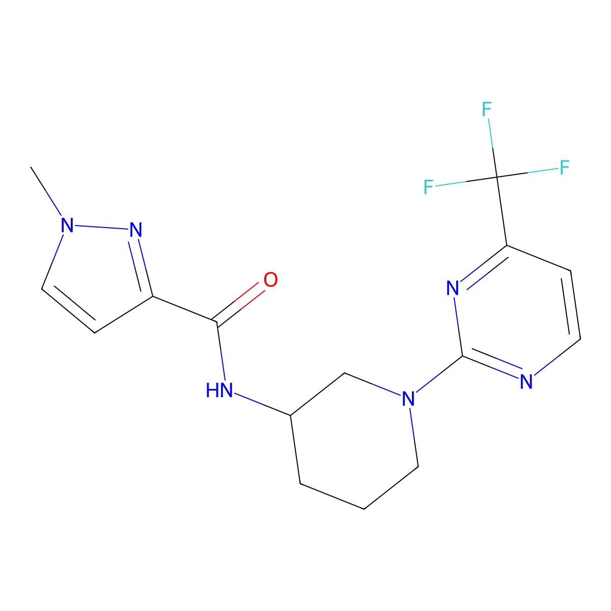 1-methyl-N-{1-[4-(trifluoromethyl)pyrimidin-2-yl]piperidin-3-yl}-1H-pyrazole-3-carboxamide molecular structure, CAS 2746604-51-1