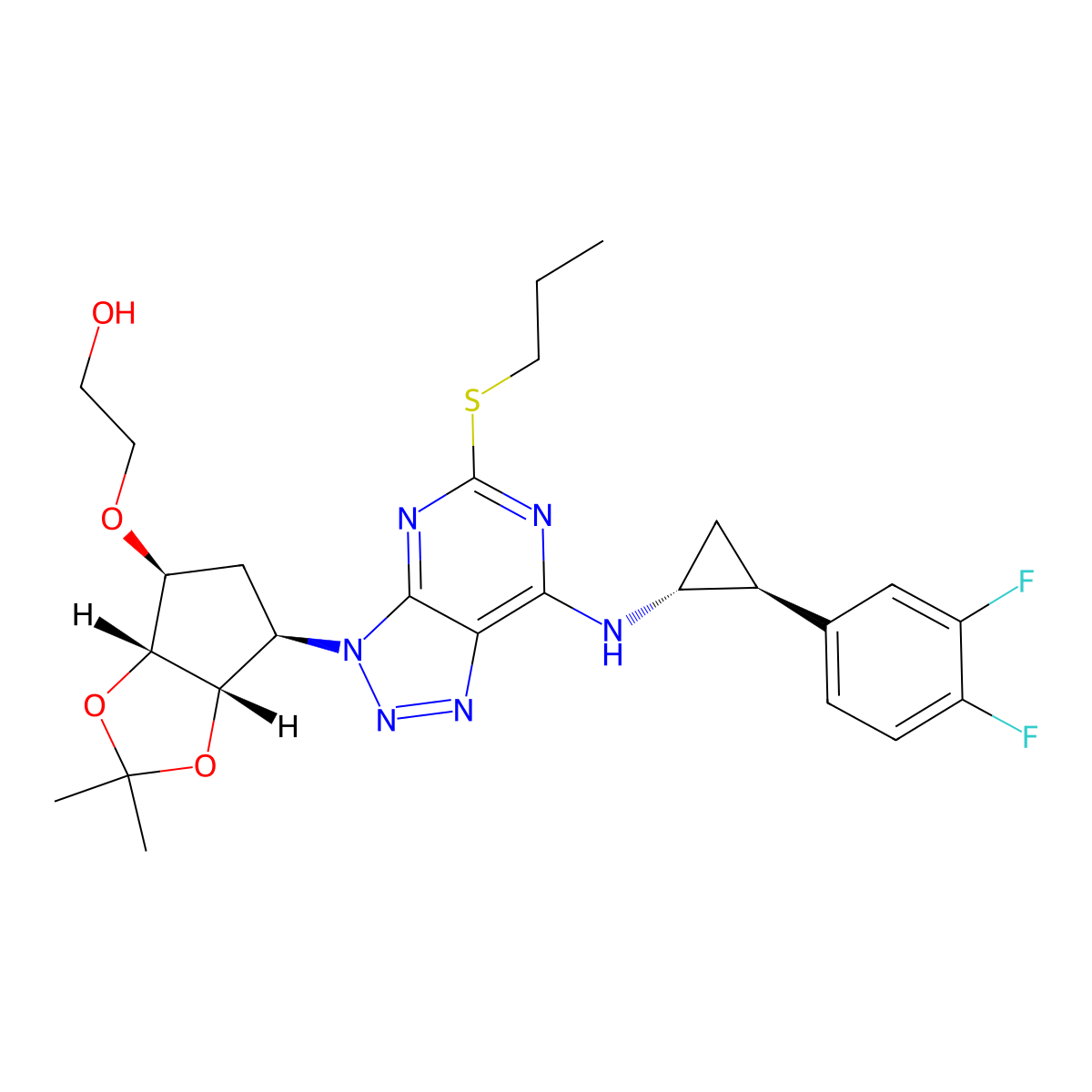 2-(((3aR,4S,6R,6aS)-6-(7-(((1R,2S)-2-(3,4-Difluorophenyl)cyclopropyl)amino)-5-(propylthio)-3H-1,2,3-triazolo(4,5-d)pyrimidin-3-yl)tetrahydro-2,2-dimethyl-4H-cyclopenta-1,3-dioxol-4-yl)oxy)ethanol molecular structure, CAS 274693-26-4