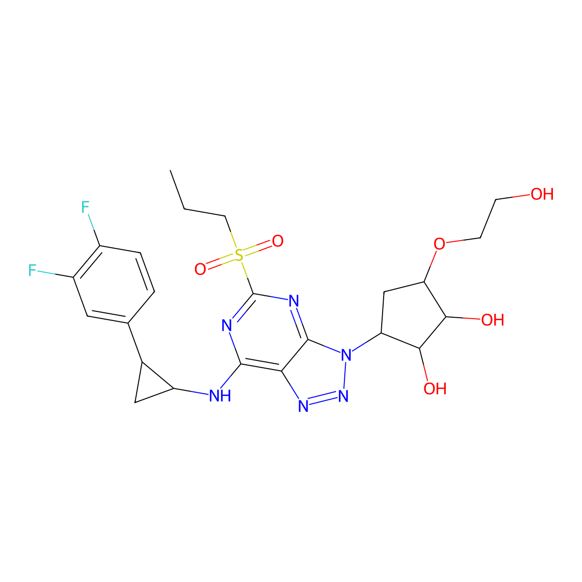 1,2-Cyclopentanediol, 3-[7-[[(1R,2S)-2-(3,4-difluorophenyl)cyclopropyl]amino]-5-(propylsulfonyl)-3H-1,2,3-triazolo[4,5-d]pyrimidin-3-yl]-5-(2-hydroxyethoxy)-, (1S,2S,3R,5S)- molecular structure, CAS 274693-39-9