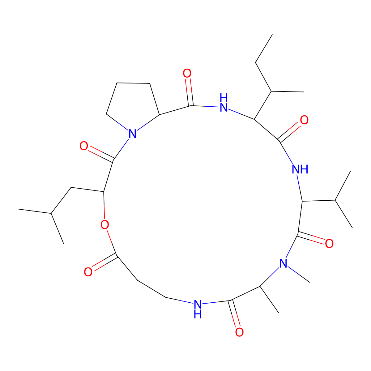16-Butan-2-yl-10,11-dimethyl-3-(2-methylpropyl)-13-propan-2-yl-4-oxa-1,8,11,14,17-pentazabicyclo[17.3.0]docosane-2,5,9,12,15,18-hexone molecular structure, CAS 27482-48-0