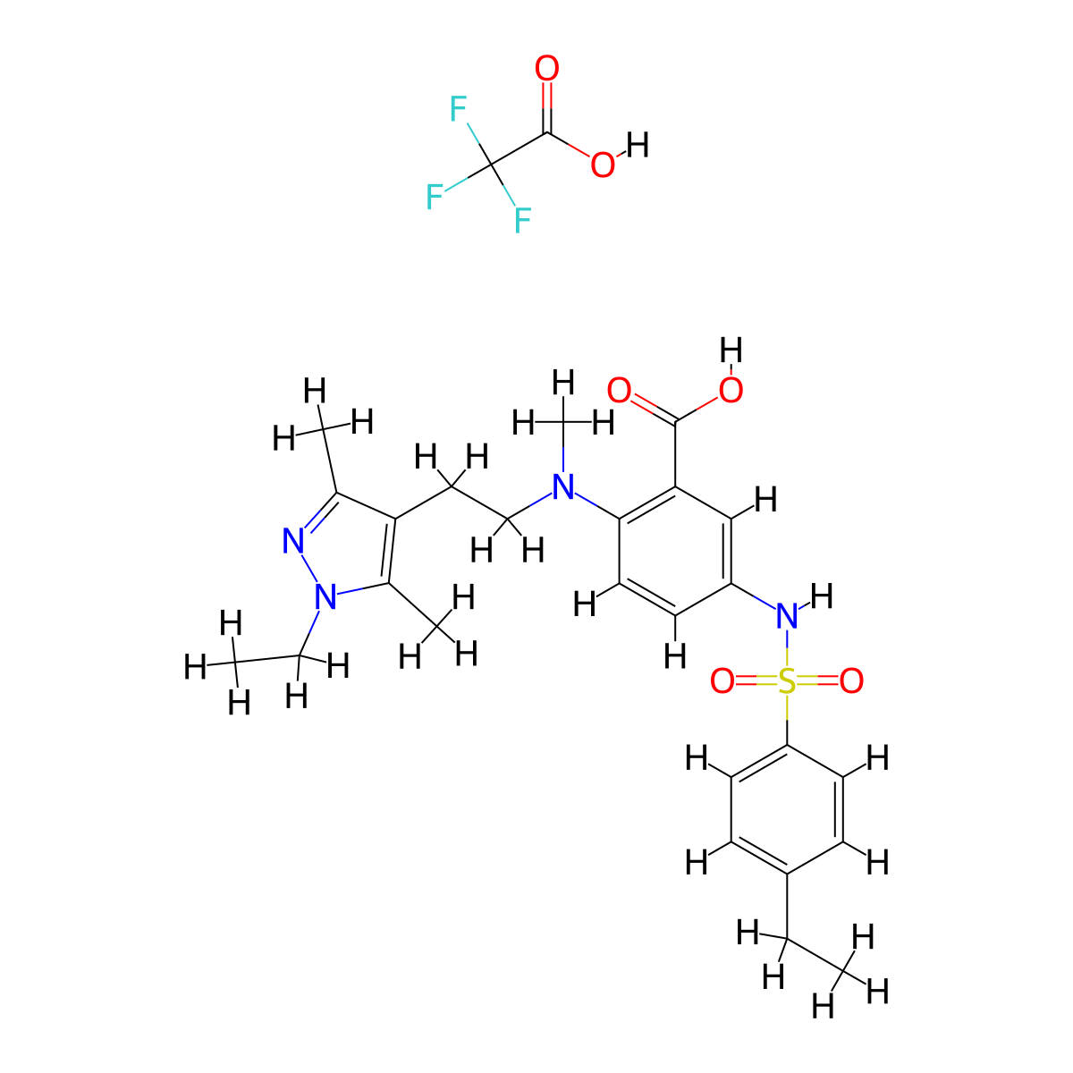 2-[2-(1-Ethyl-3,5-dimethylpyrazol-4-yl)ethyl-methylamino]-5-[(4-ethylphenyl)sulfonylamino]benzoic acid;2,2,2-trifluoroacetic acid molecular structure, CAS 2748277-55-4
