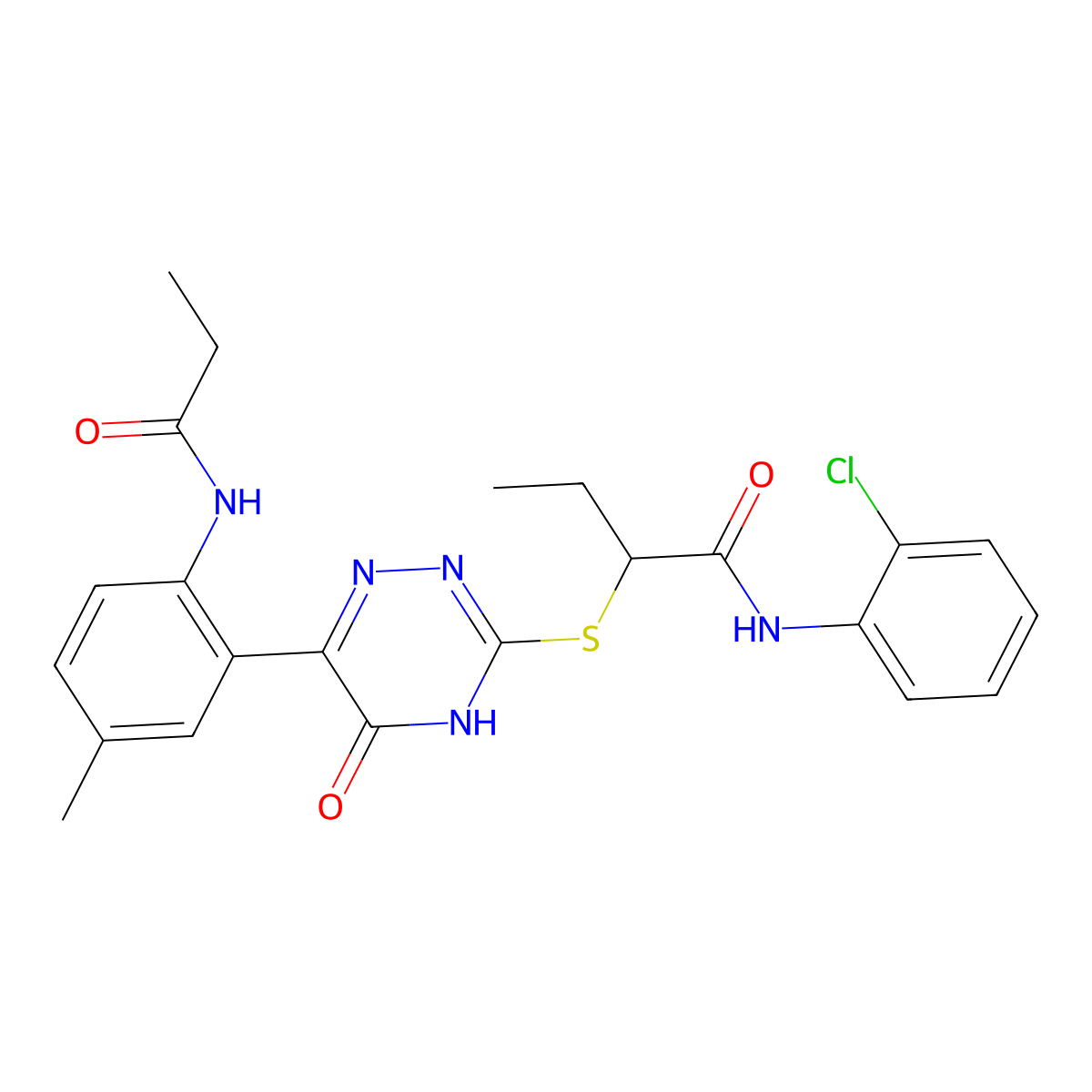 N-(2-chlorophenyl)-2-((6-(5-methyl-2-propionamidophenyl)-5-oxo-2,5-dihydro-1,2,4-triazin-3-yl)thio)butanamide molecular structure, CAS 2748401-37-6
