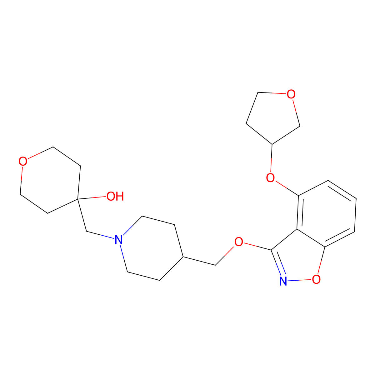 4-((4-(((4-((Tetrahydrofuran-3-yl)oxy)benzo[d]isoxazol-3-yl)oxy)methyl)piperidin-1-yl)methyl)tetrahydro-2H-pyran-4-ol molecular structure, CAS 2748445-94-3