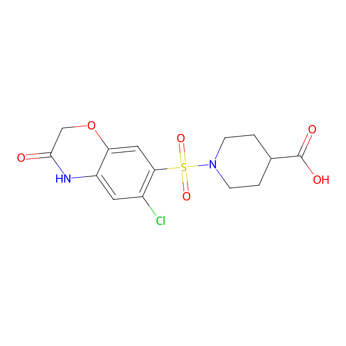 1-[(6-chloro-3-oxo-3,4-dihydro-2H-1,4-benzoxazin-7-yl)sulfonyl]piperidine-4-carboxylic acid molecular structure, CAS 2748485-41-6