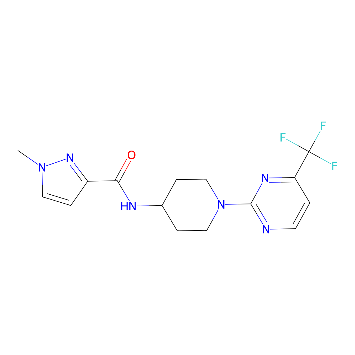 1-methyl-N-{1-[4-(trifluoromethyl)pyrimidin-2-yl]piperidin-4-yl}-1H-pyrazole-3-carboxamide molecular structure, CAS 2748529-40-8