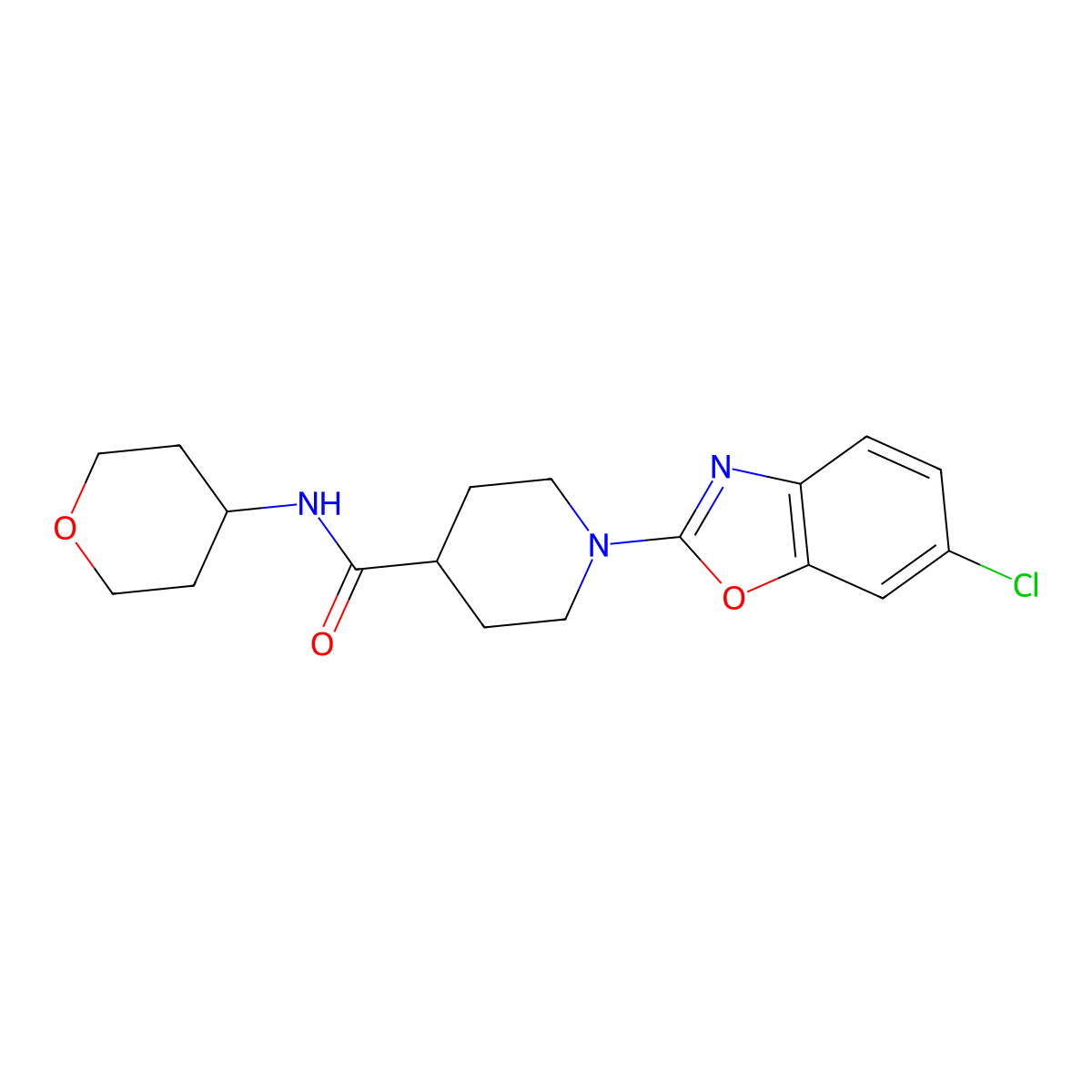 1-(6-chloro-1,3-benzoxazol-2-yl)-N-(tetrahydro-2H-pyran-4-yl)-4-piperidinecarboxamide molecular structure, CAS 2748556-95-6