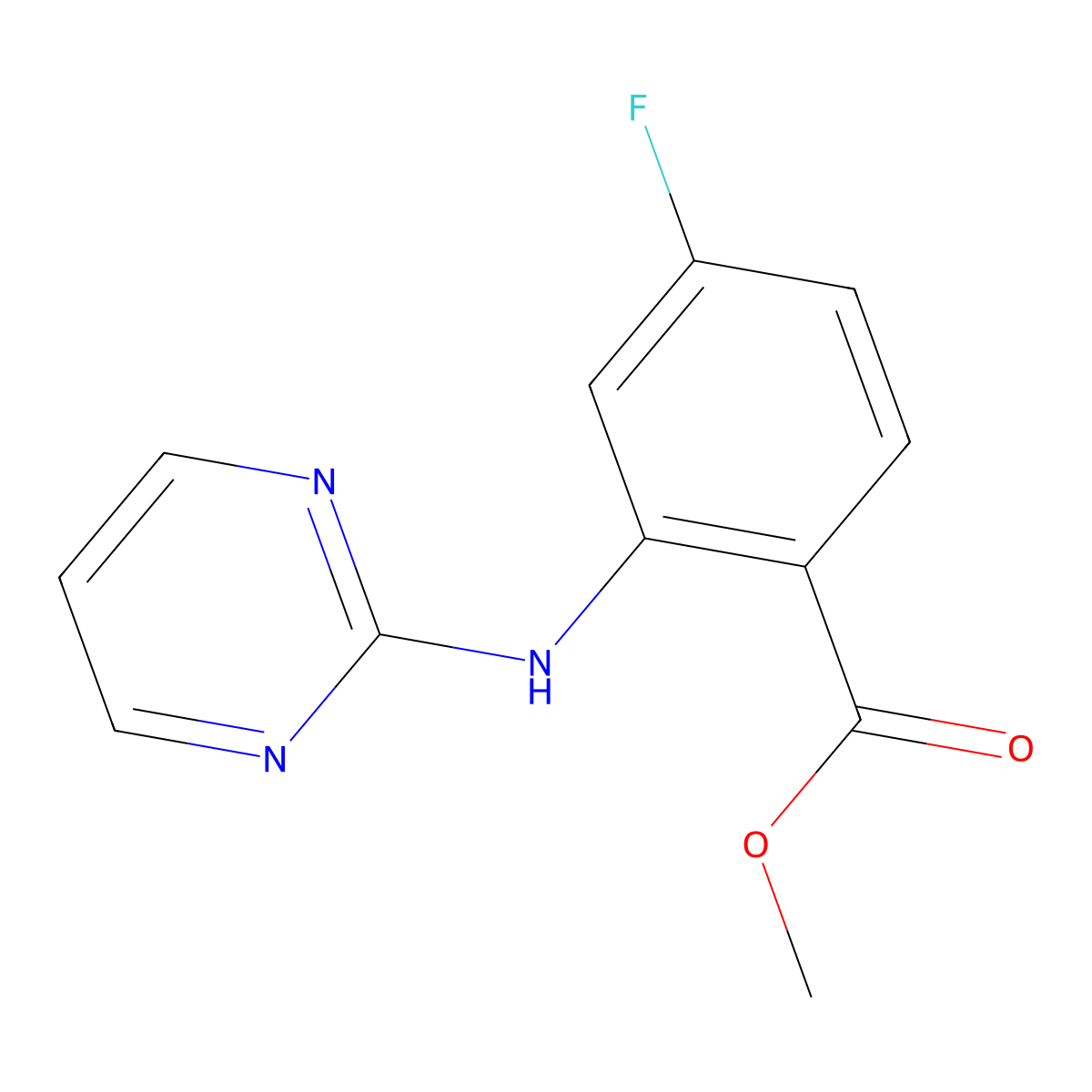 Methyl 4-fluoro-2-(pyrimidin-2-ylamino)benzoate molecular structure, CAS 2749367-69-7