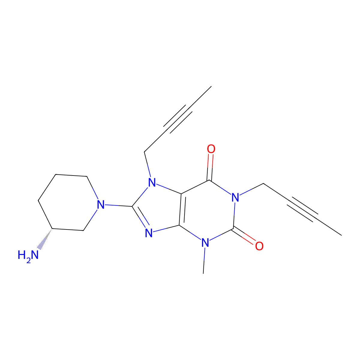 (R)-8-(3-Aminopiperidin-1-yl)-1,7-di(but-2-yn-1-yl)-3-methyl-1H-purine-2,6(3H,7H)-dione (Linagliptin Impurity) molecular structure, CAS 2749409-37-6