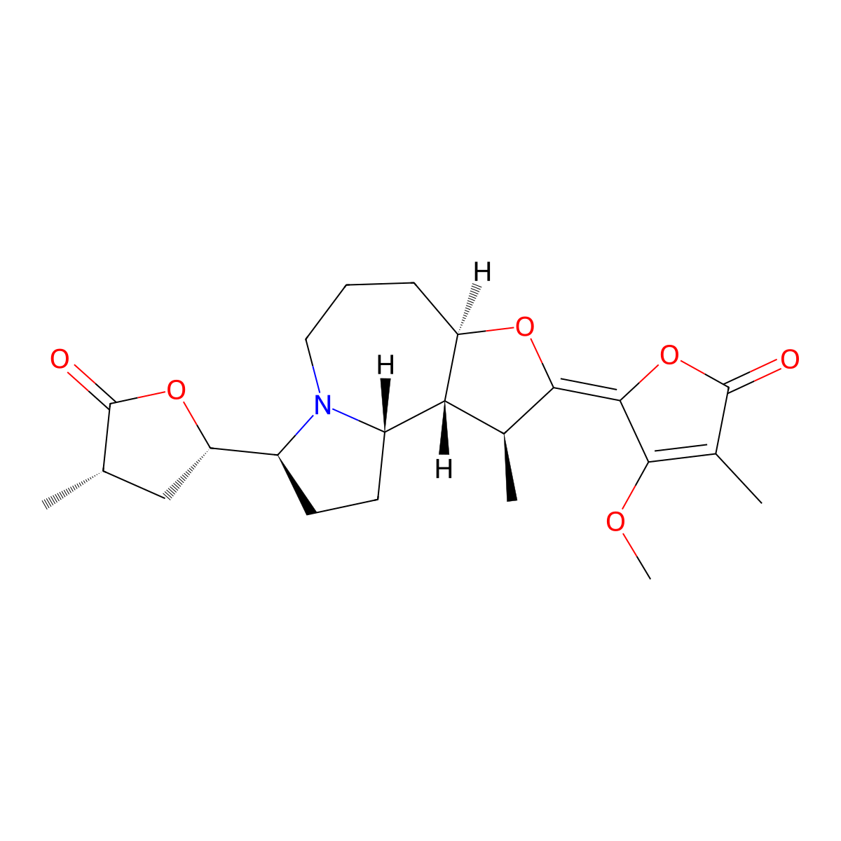 (5Z)-4-Methoxy-3-methyl-5-((3aR,10aS,10bR)-1-methyl-8-((2S,4S)-4-methyl-5-oxooxolan-2-yl)decahydro-2H-furo(3,2-c)pyrrolo(1,2-a)azepin-2-ylidene)furan-2(5H)-one molecular structure, CAS 27495-40-5