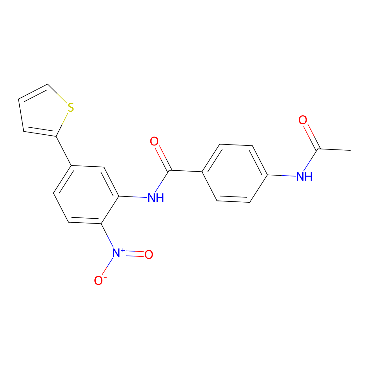 4-acetamido-N-(2-nitro-5-(thiophen-2-yl)phenyl)benzamide molecular structure, CAS 2749585-92-8