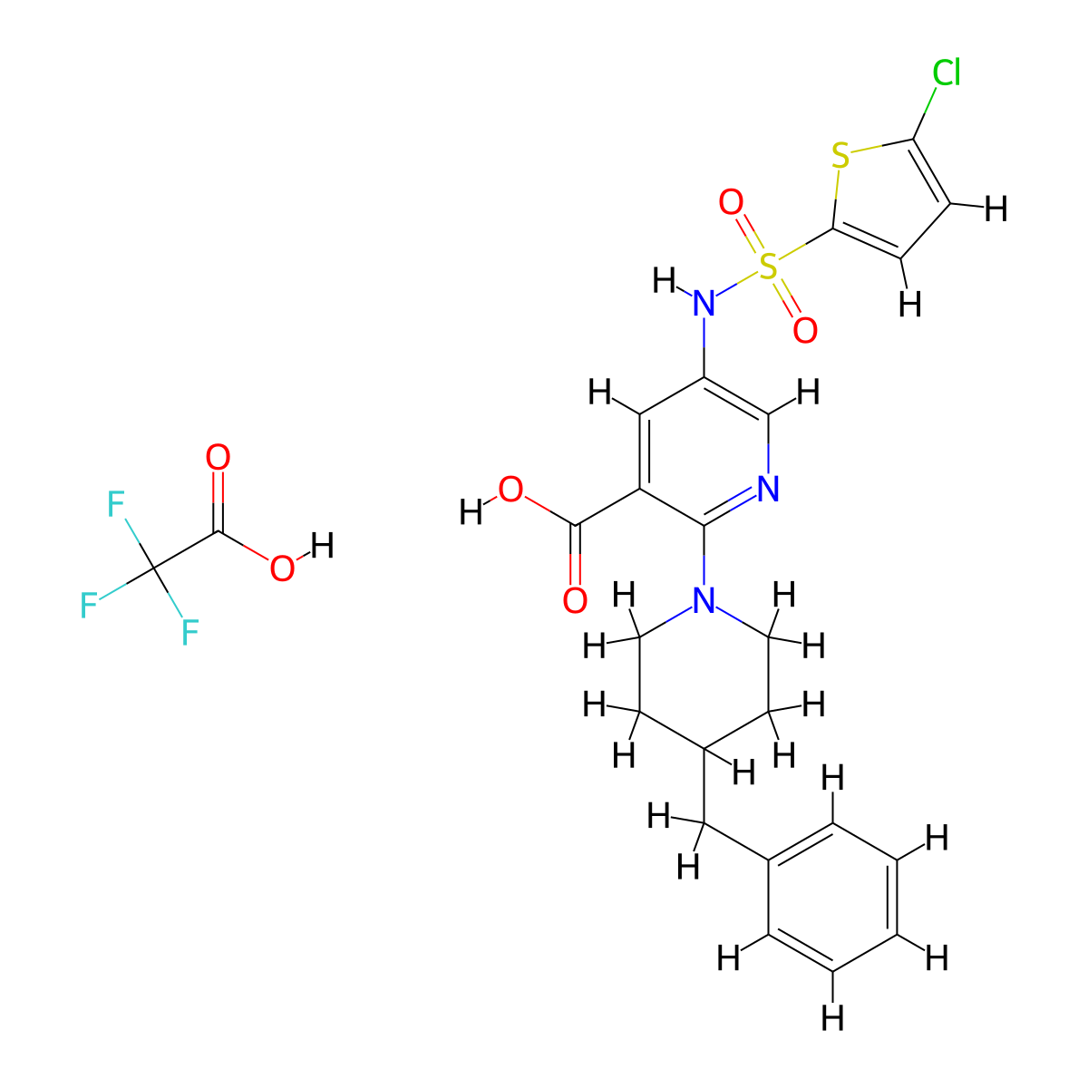 2-(4-Benzylpiperidin-1-yl)-5-[(5-chlorothiophen-2-yl)sulfonylamino]pyridine-3-carboxylic acid;2,2,2-trifluoroacetic acid molecular structure, CAS 2749906-96-3