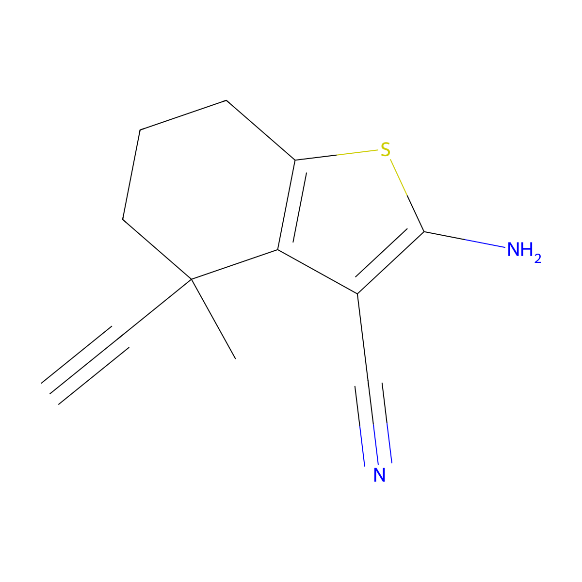 2-Amino-4-ethynyl-4-methyl-6,7-dihydro-5H-benzothiophene-3-carbonitrile molecular structure, CAS 2749966-45-6