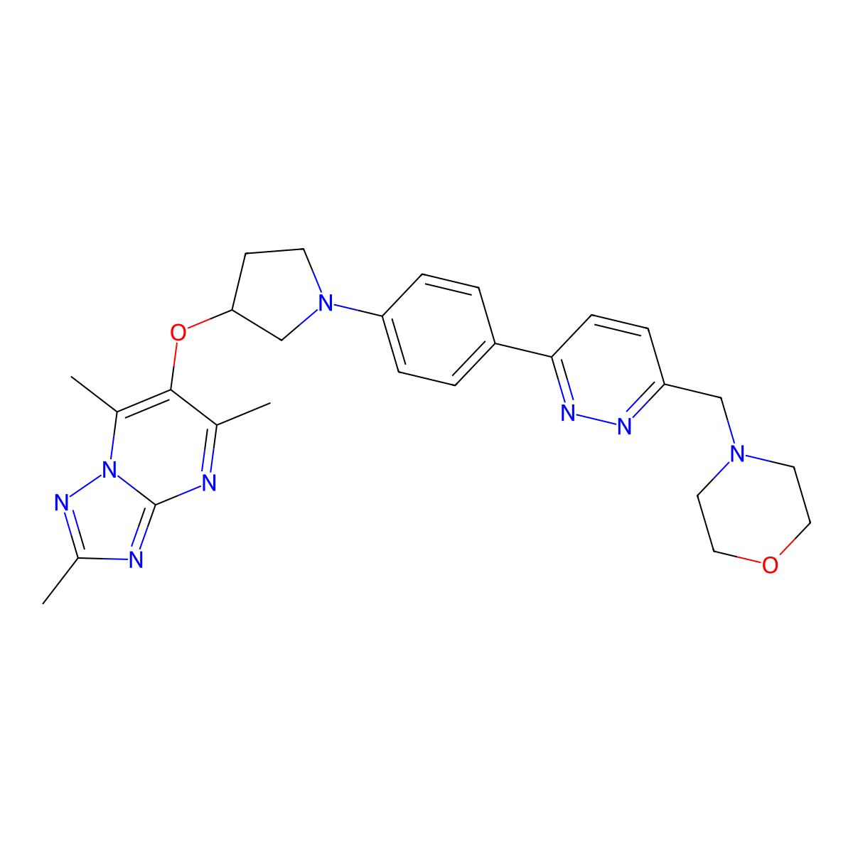 4-[(6-{4-[(3R)-3-({2,5,7-trimethyl-[1,2,4]triazolo[1,5-a]pyrimidin-6-yl}oxy)pyrrolidin-1-yl]phenyl}pyridazin-3-yl)methyl]morpholine molecular structure, CAS 2750001-23-9