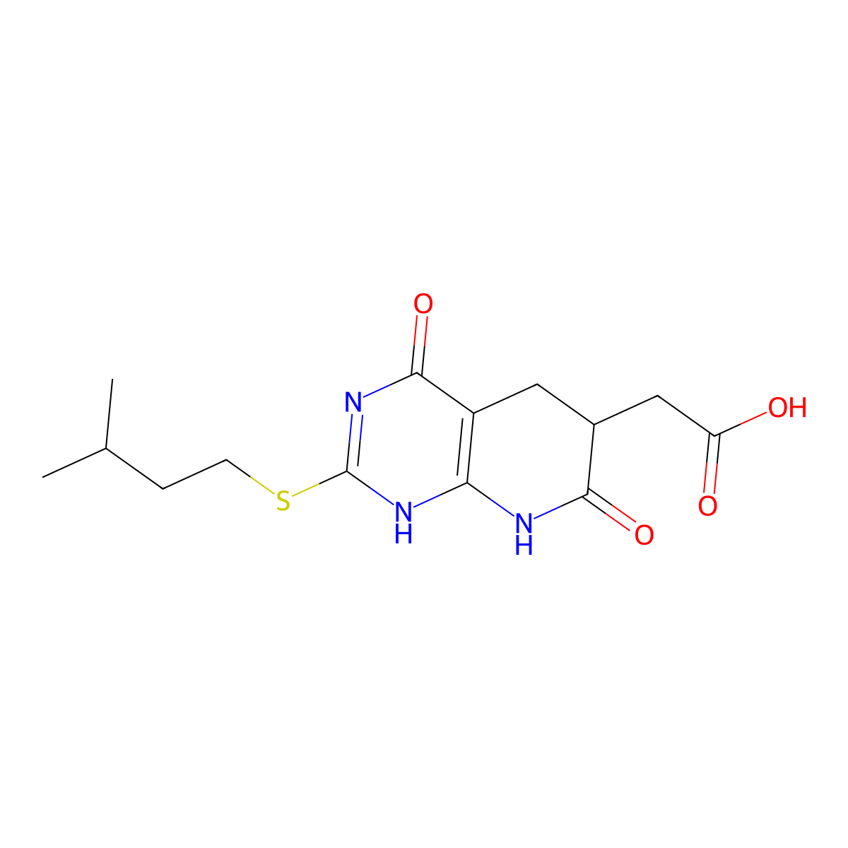 {2-[(3-Methylbutyl)sulfanyl]-4,7-dioxo-1,4,5,6,7,8-hexahydropyrido[2,3-d]pyrimidin-6-yl}acetic acid molecular structure, CAS 2750450-05-4